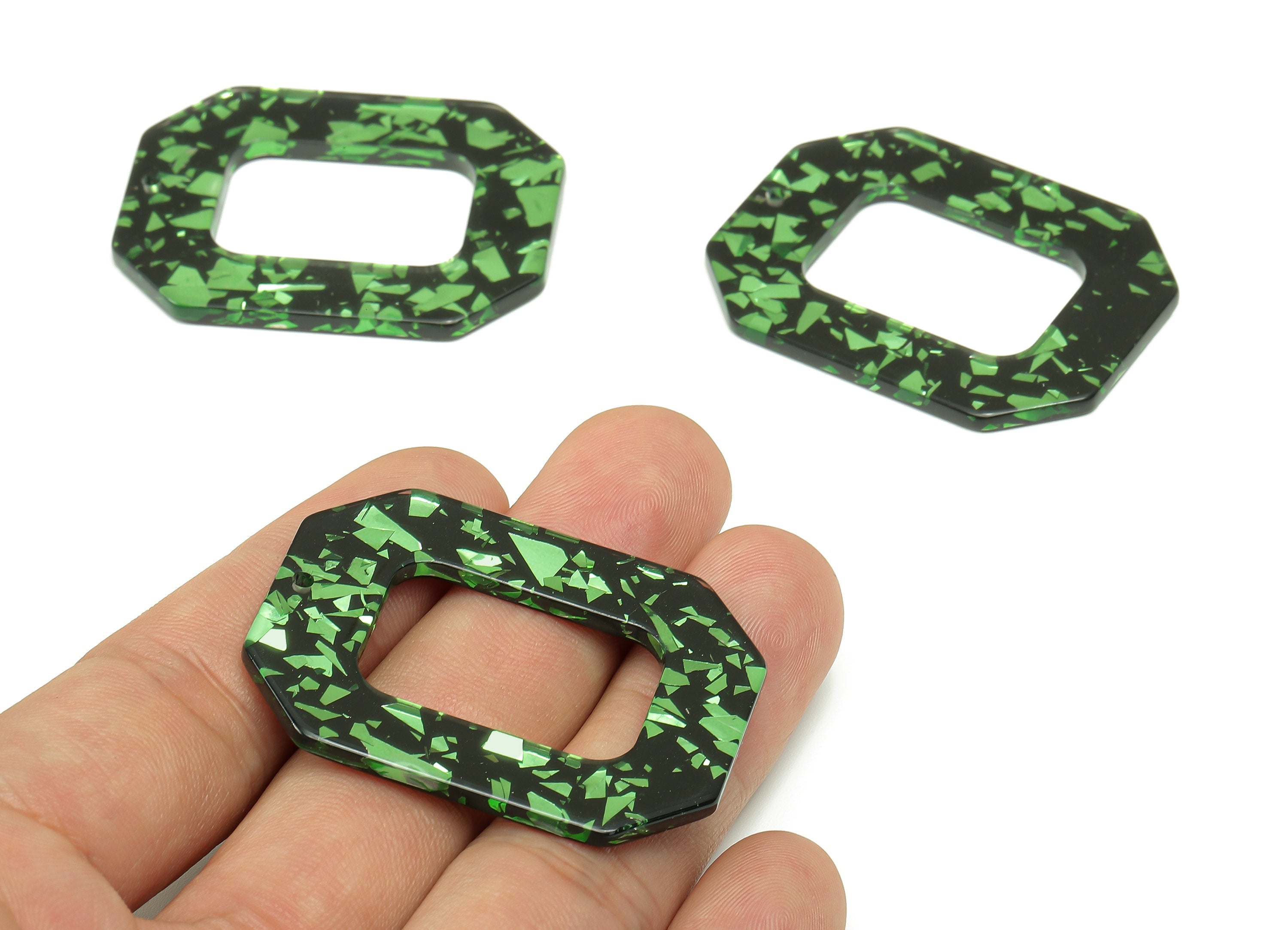 Acrylic Rectangle Earring Charm - Green Foil Rectangle Hollow Earring - Pendant With Hole - Color Code: A635 - 44.6x34.7x2.7mm - AC2566-A635 - DOMEDBAZAAR