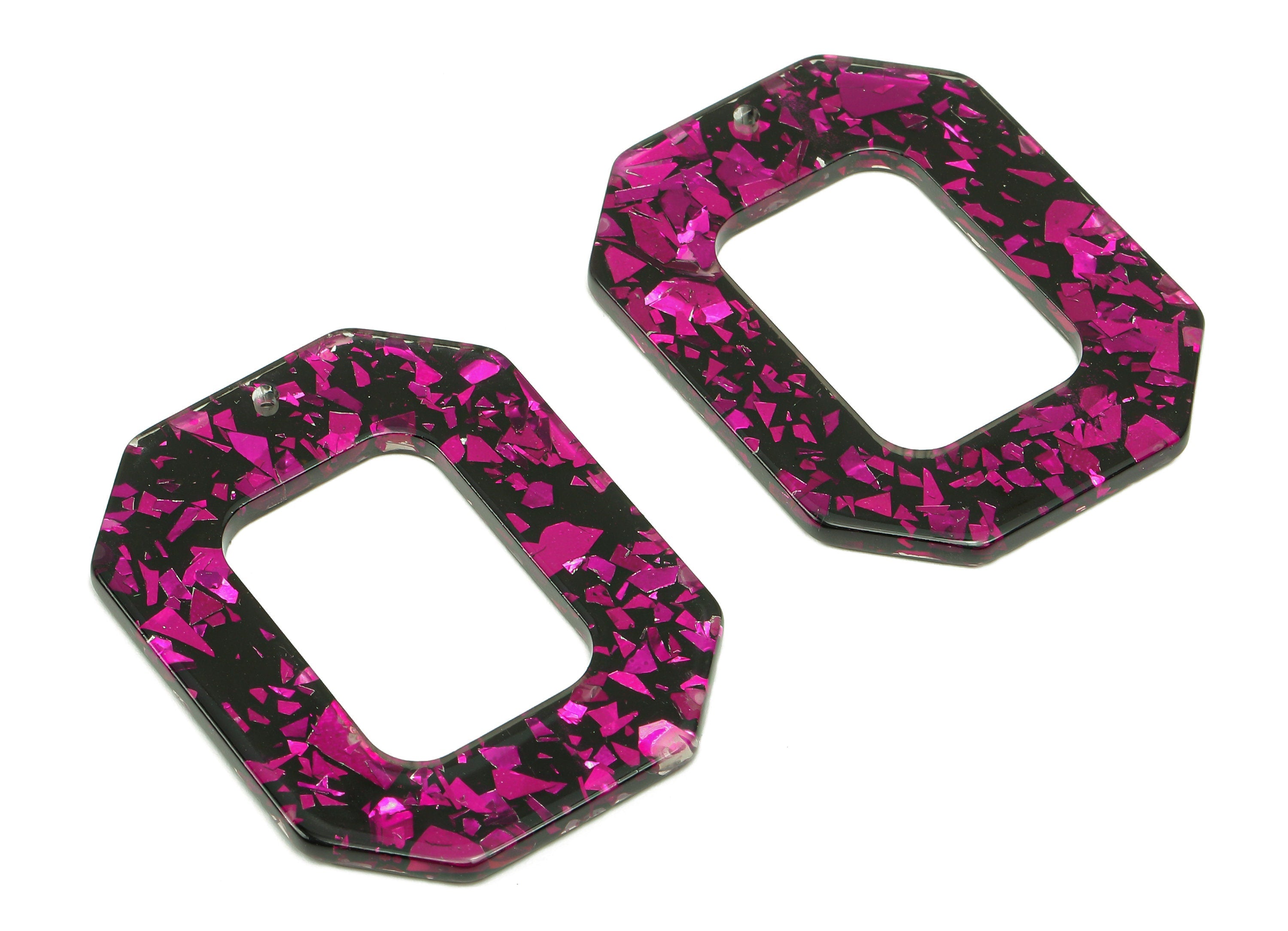 Acrylic Rectangle Earring Charm - Pink Foil Rectangle Hollow Earring - Pendant With Hole - Color Code: A636 - 44.6x34.6x2.6mm - AC2566-A636 - DOMEDBAZAAR