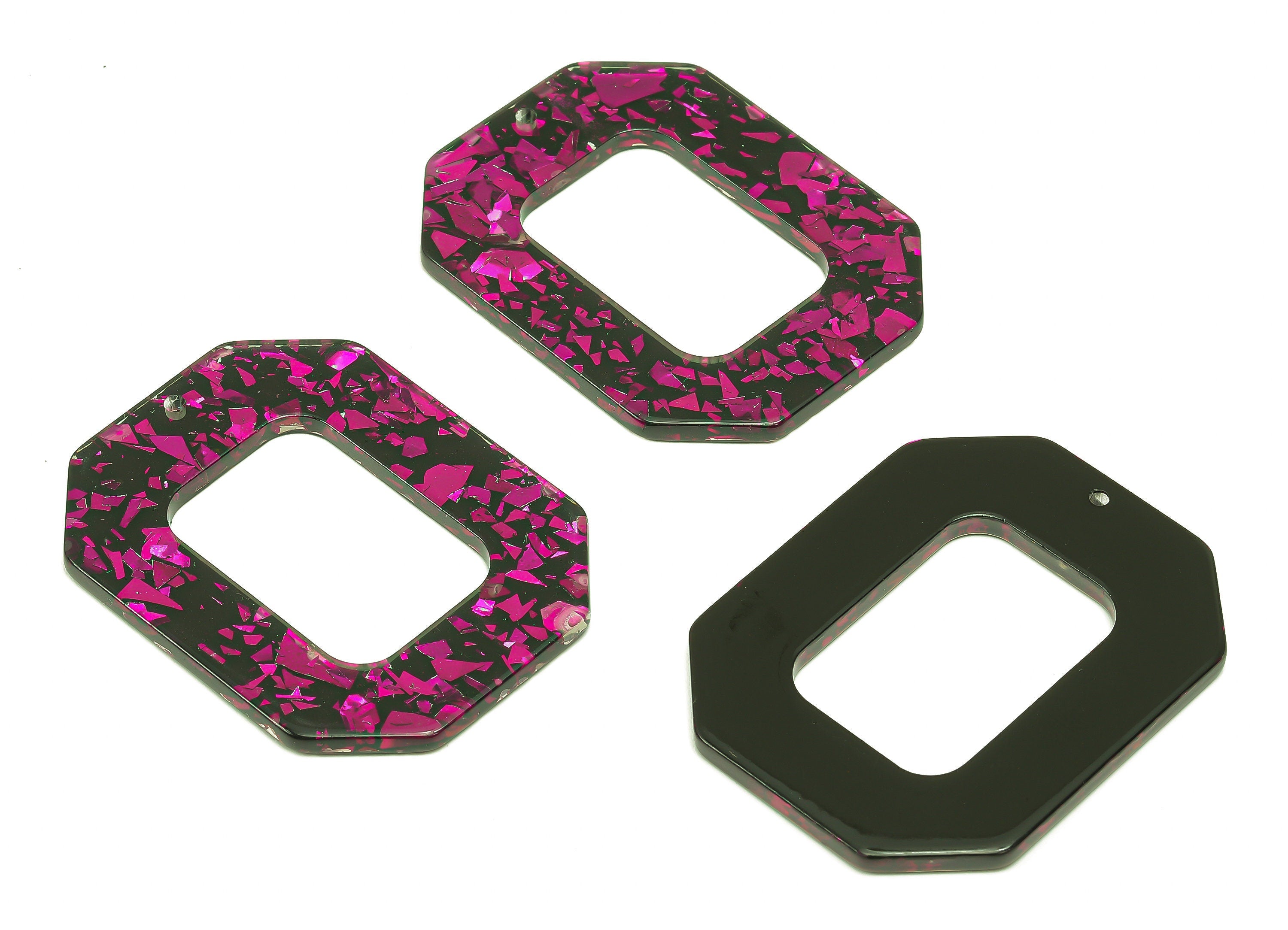 Acrylic Rectangle Earring Charm - Pink Foil Rectangle Hollow Earring - Pendant With Hole - Color Code: A636 - 44.6x34.6x2.6mm - AC2566-A636 - DOMEDBAZAAR