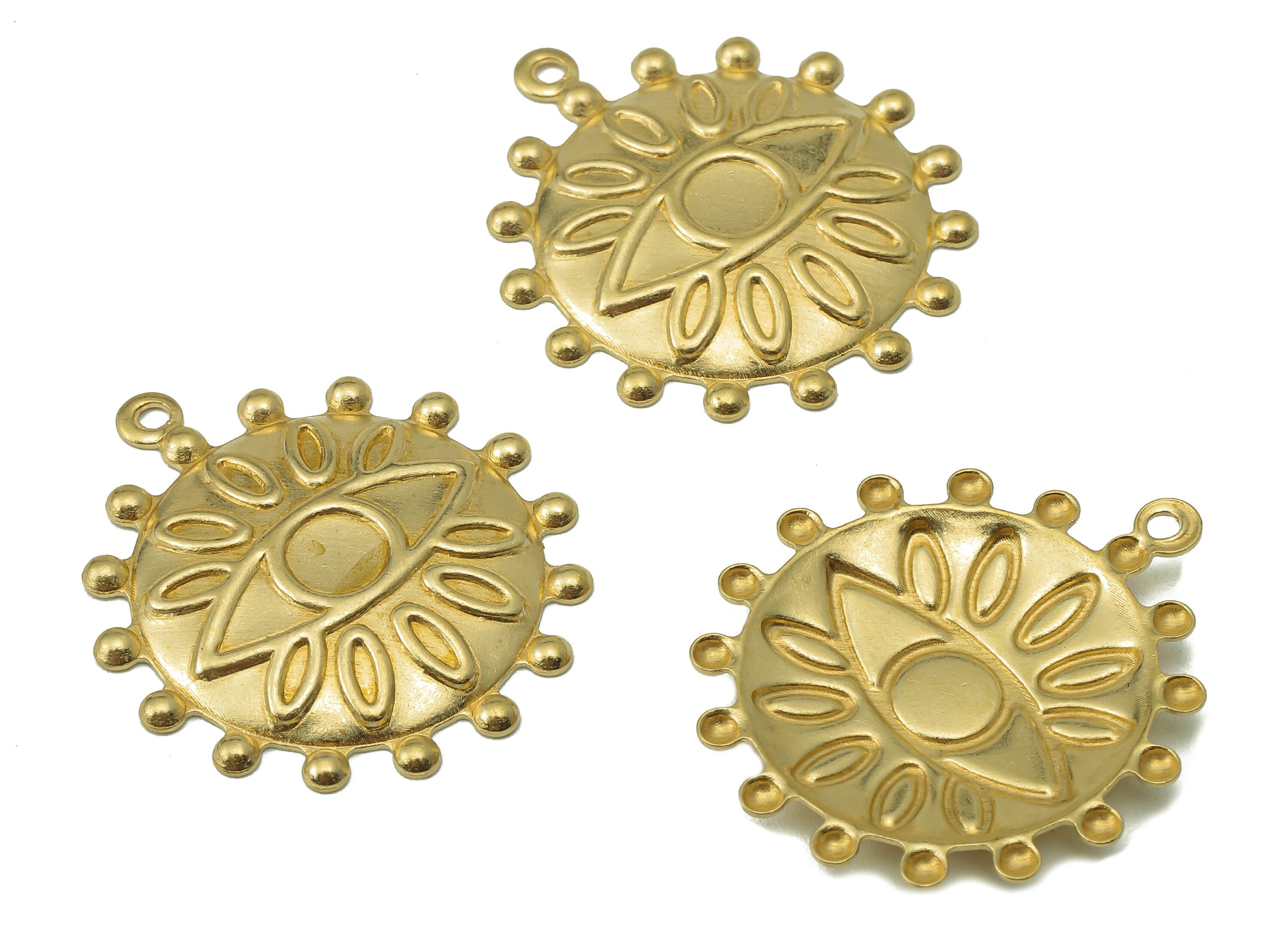 Brass Sun Earring Charms - Round Raw Brass Eye Pendant With Loop - Circle Eyelash Pendant - For Necklace - 28.22x25.16x1.45mm - PP8196 - DOMEDBAZAAR
