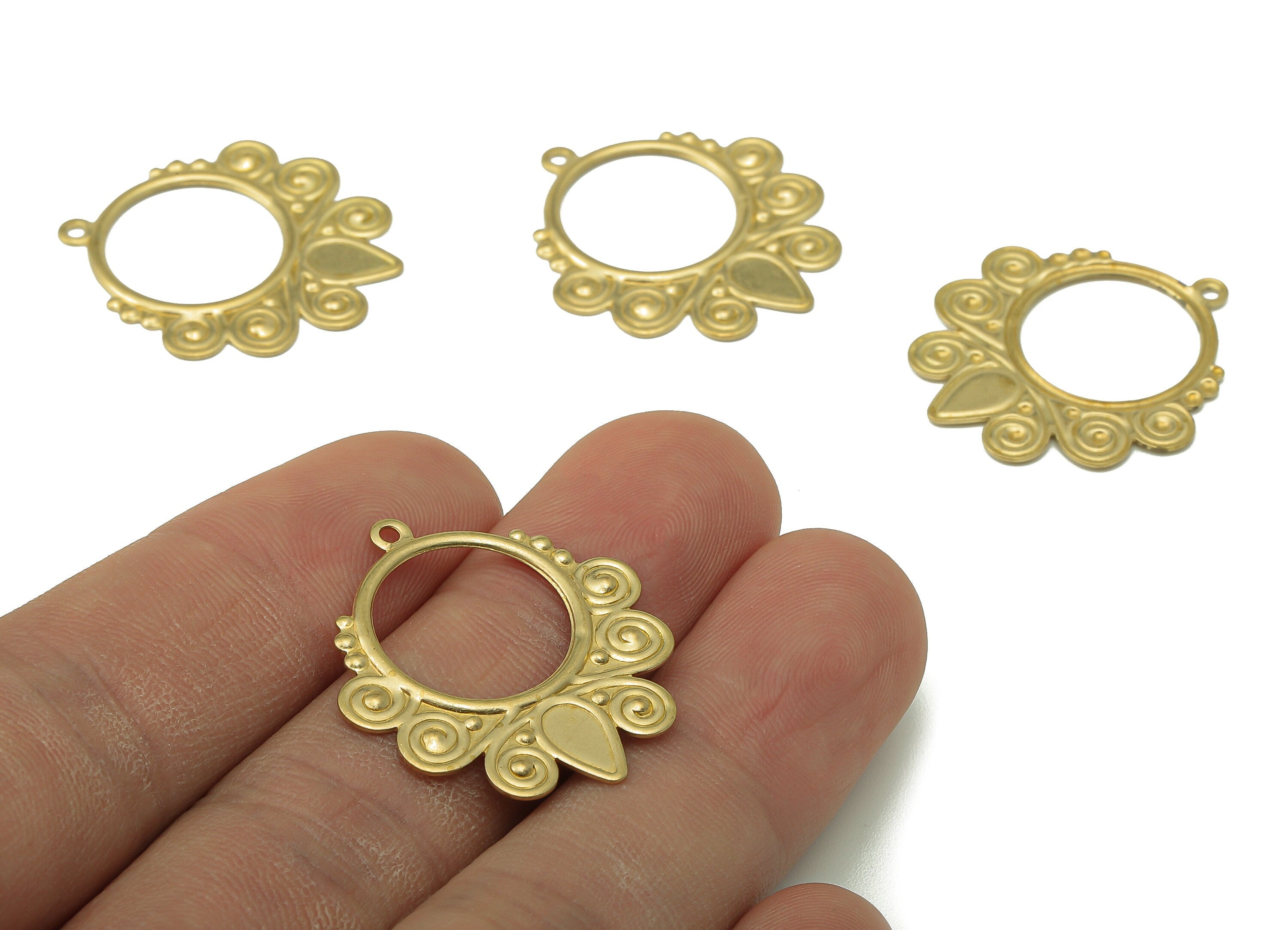 Brass Round Flower Earring Charms - Raw Brass Hollow Circle Pendant - Pattern Earring With Loop - For Necklace - 28.54x25.88x0.89mm - PP8200 - DOMEDBAZAAR