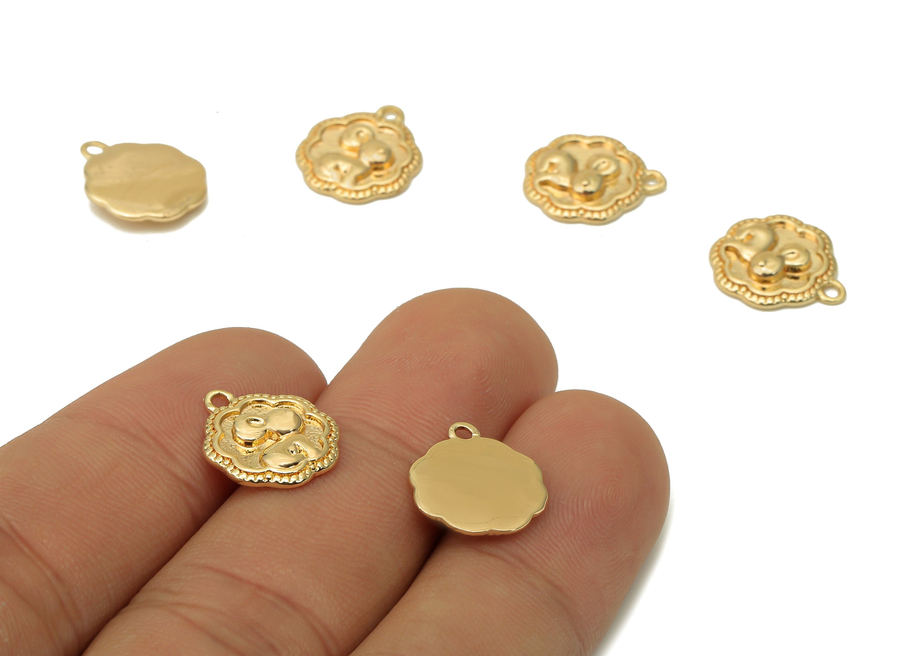 Brass Flower Earring Charm - Gold Rabbit Earring With Loop - Animal Pendant For Necklace - 18K Real Gold Plating - 13.8x11.7x1.9mm - RGP5624 - DOMEDBAZAAR