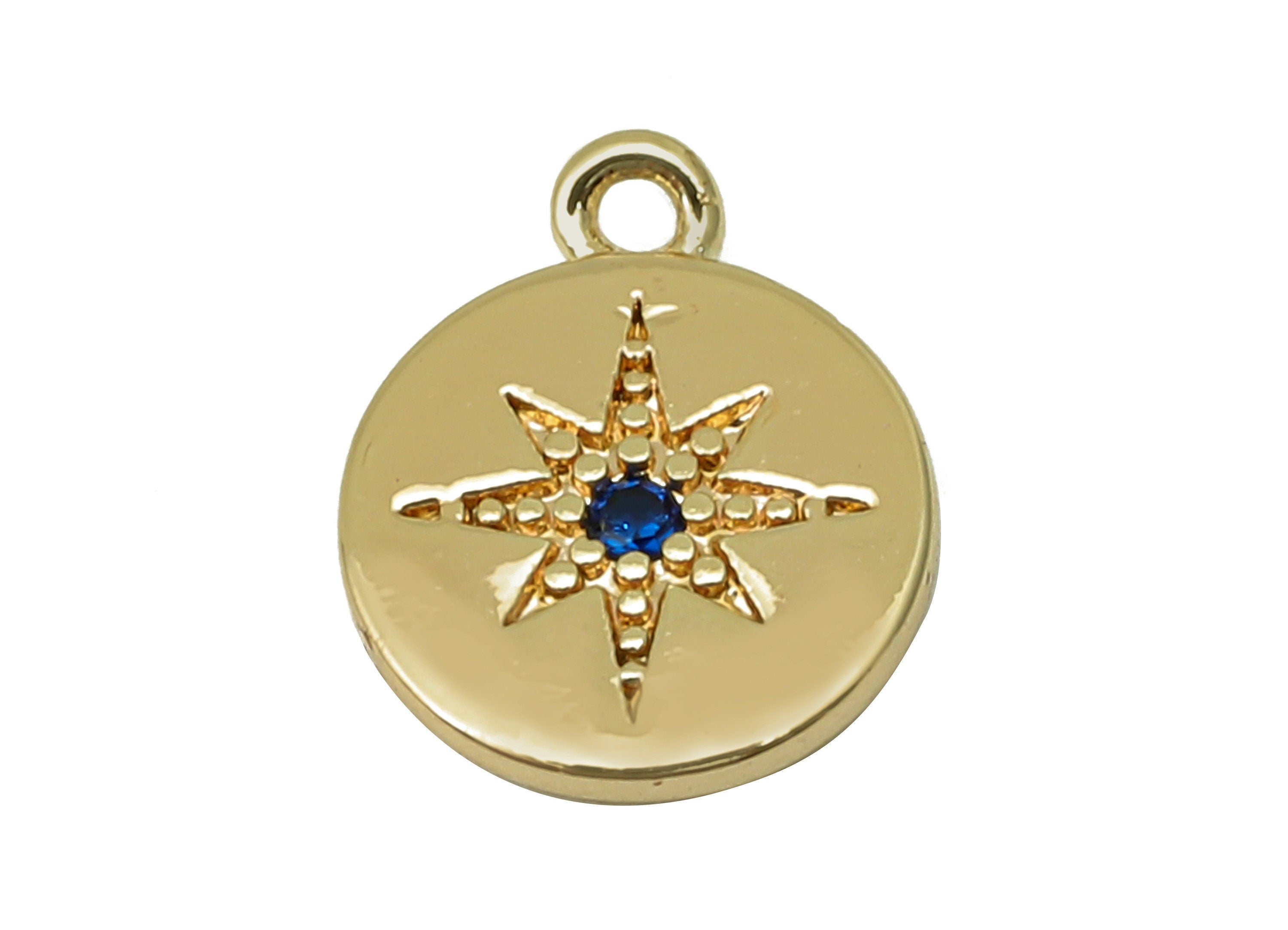 Brass Mini North Star Round Earring - Blue Cubic Zirconia CZ Charm - Star Pendant With Loop - 18K Real Gold Plating - 11X8.6X1.1mm - RGP5638 - DOMEDBAZAAR
