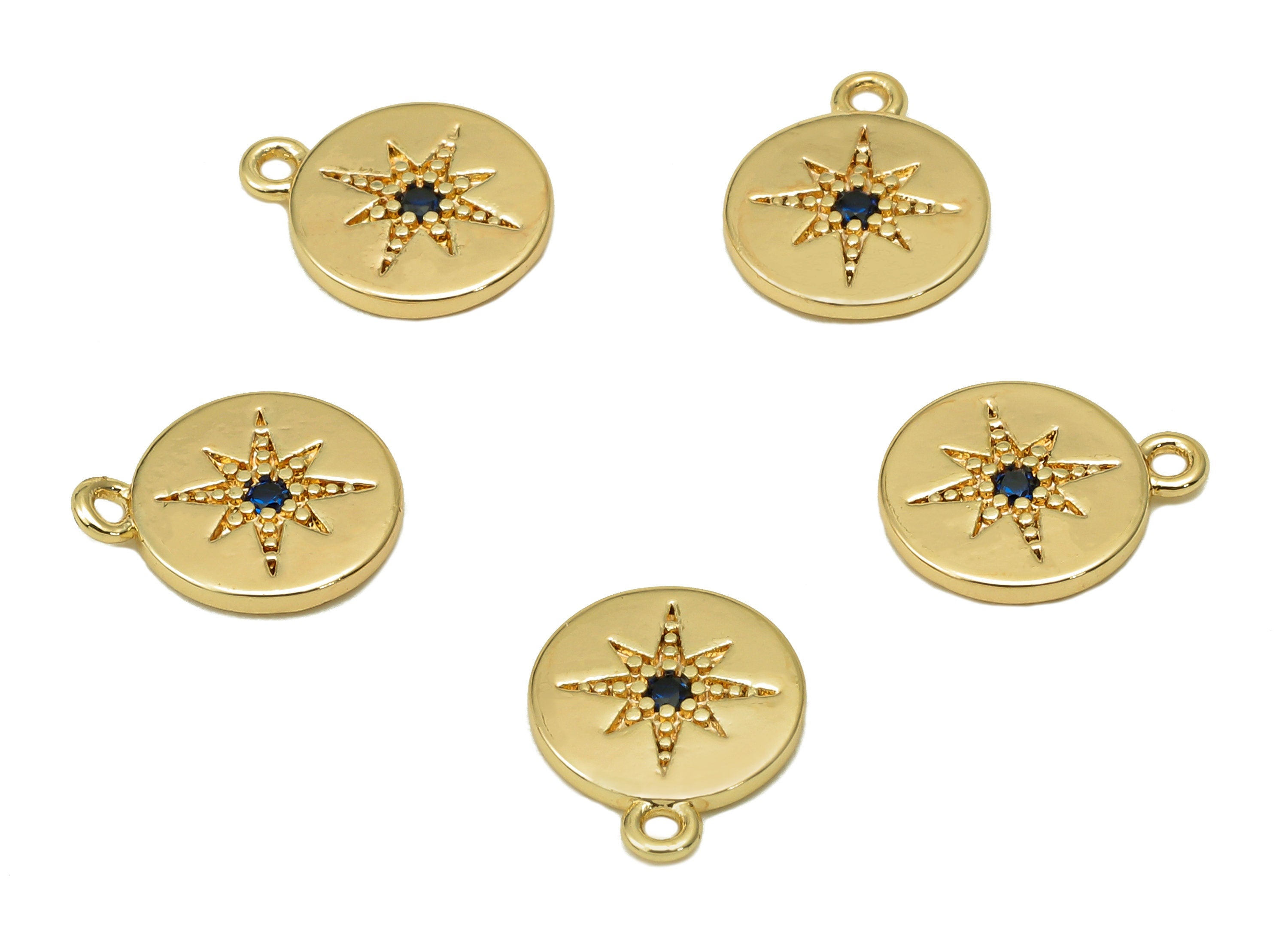 Brass Mini North Star Round Earring - Blue Cubic Zirconia CZ Charm - Star Pendant With Loop - 18K Real Gold Plating - 11X8.6X1.1mm - RGP5638 - DOMEDBAZAAR