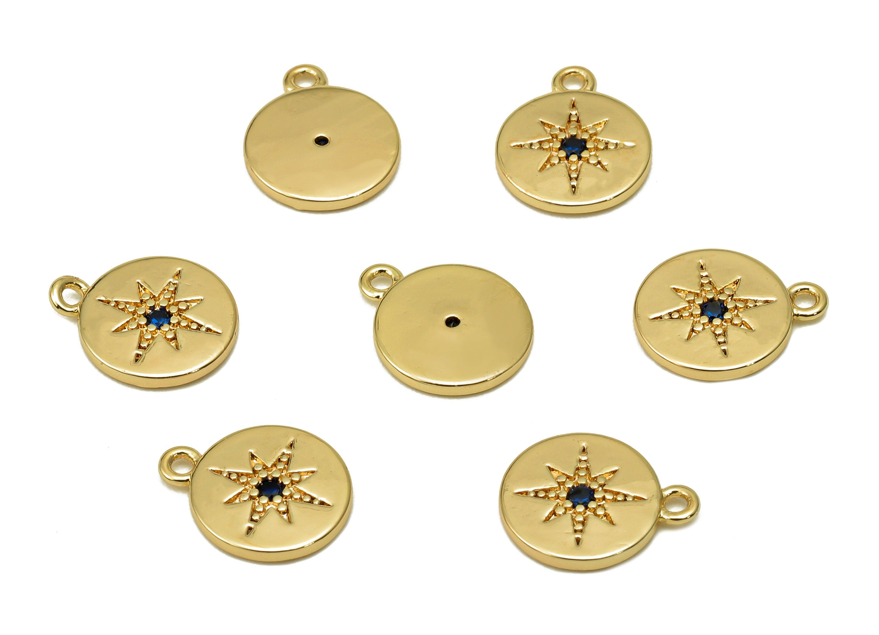 Brass Mini North Star Round Earring - Blue Cubic Zirconia CZ Charm - Star Pendant With Loop - 18K Real Gold Plating - 11X8.6X1.1mm - RGP5638 - DOMEDBAZAAR