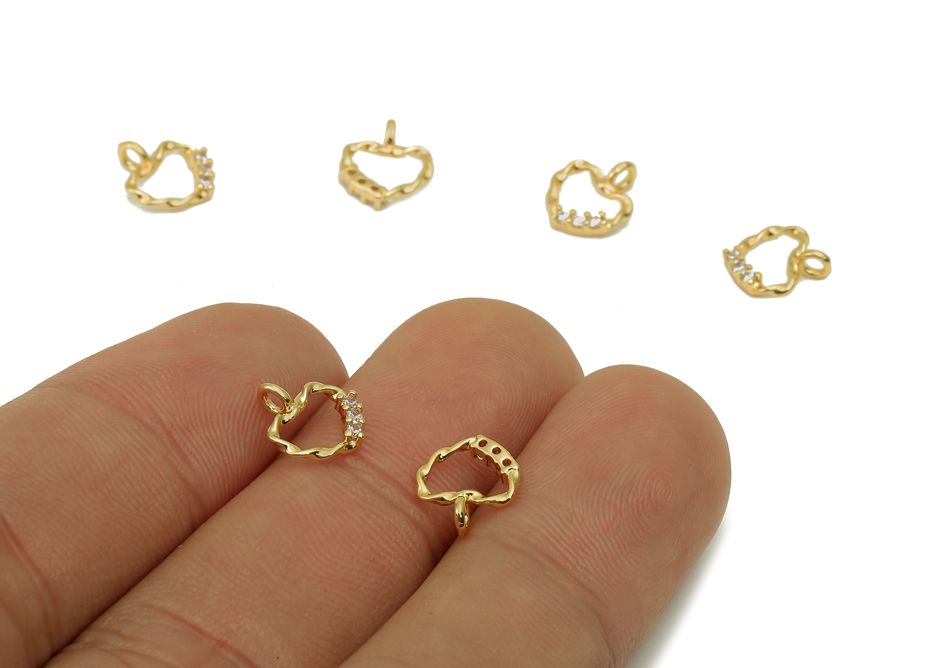 Brass Mini Heart Earring With Cubic Zirconia - Gold Tiny Heart Charm - Hollow Pendant With Loop - 18K Real Gold Plating - 9x8x2mm - RGP5640 - DOMEDBAZAAR