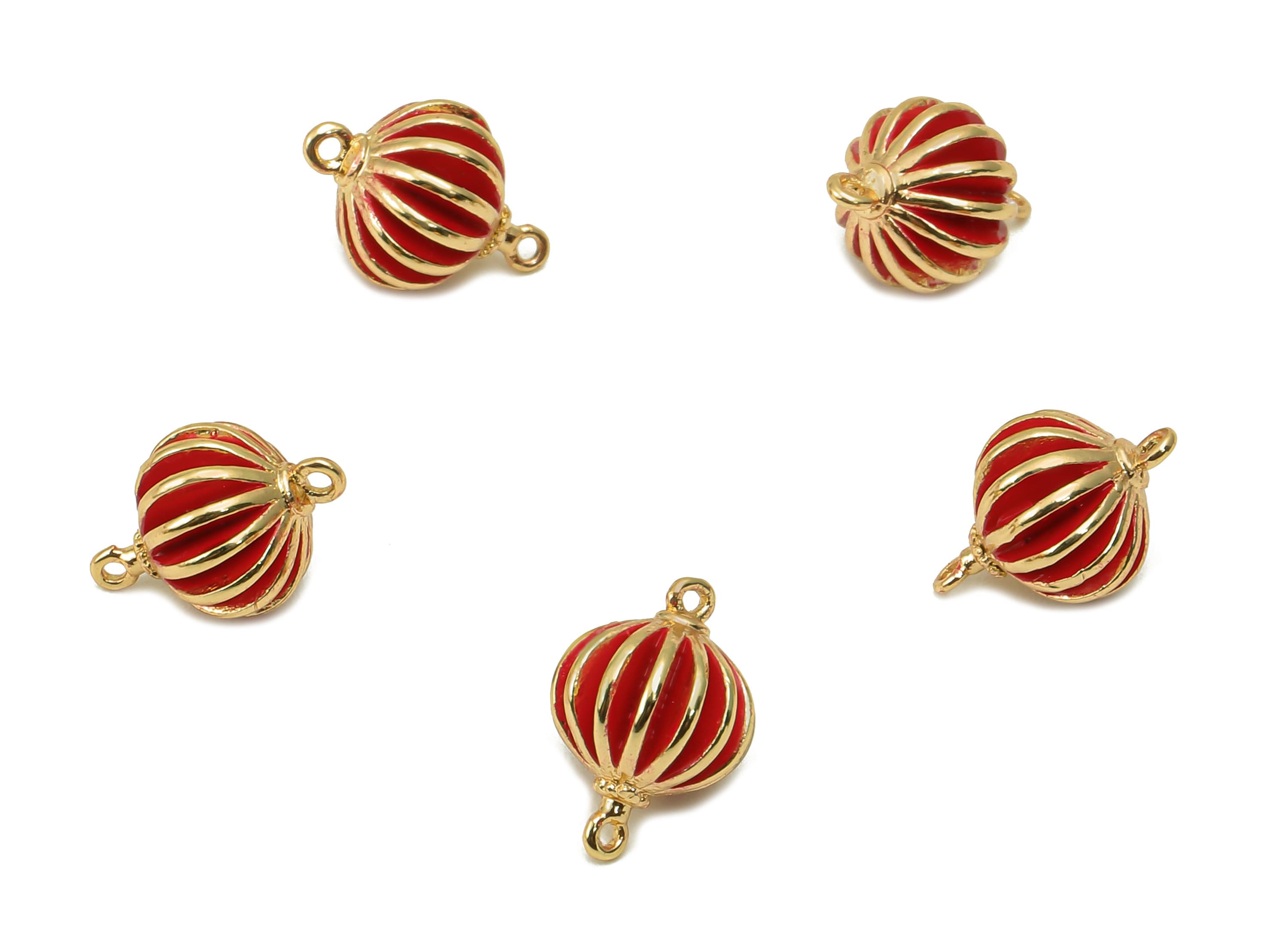 Brass Mini Round Lantern Connector - Red Enamel Lantern Earring - Bracelet With 2 Loops - 18K Real Gold Plating - 11.32x7.8x7.8mm - RGP5643 - DOMEDBAZAAR