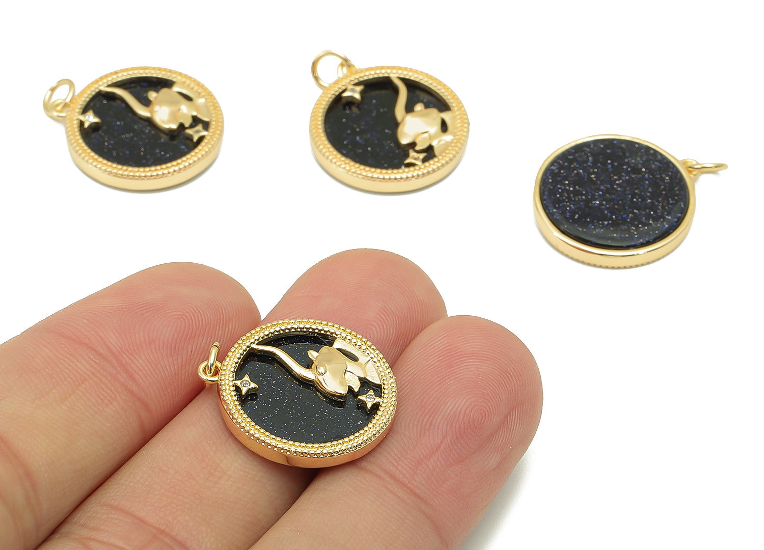 Brass Horoscope Zircon Round Capricorn Charm - Blue Sandstone Zodiac Pendant With Loop - 18K Real Gold Plating - 23.5x18.4x3.1mm - RGP5816D - DOMEDBAZAAR