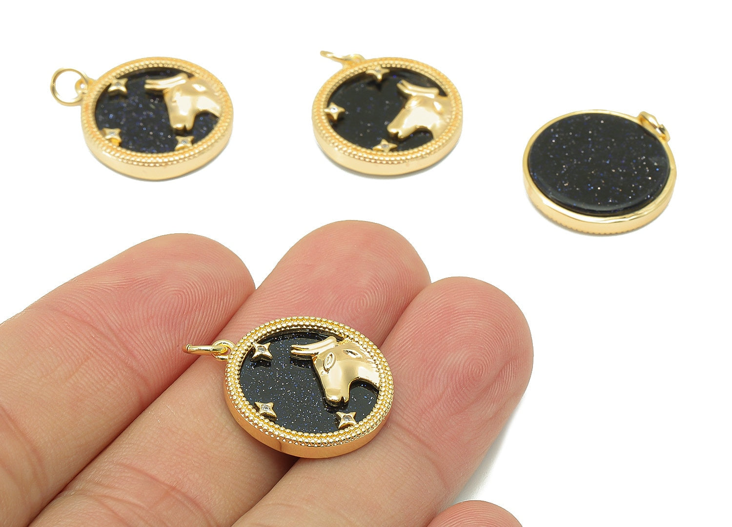 Brass Horoscope Zircon Round Taurus Charm - Blue Sandstone Zodiac Pendant With Loop - 18K Real Gold Plating - 23.5x18.4x3.1mm - RGP5816F - DOMEDBAZAAR
