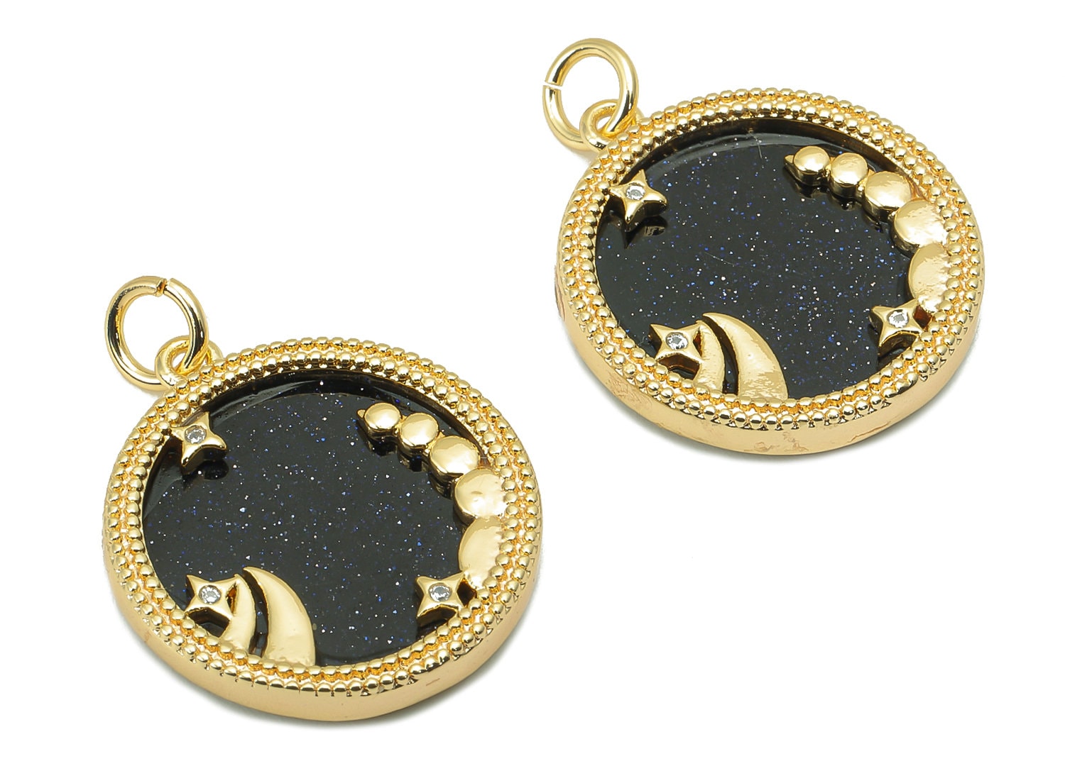 Brass Horoscope Zircon Round Scorpio Charm - Blue Sandstone Zodiac Pendant With Loop - 18K Real Gold Plating - 23.5x18.4x3.1mm - RGP5816G - DOMEDBAZAAR