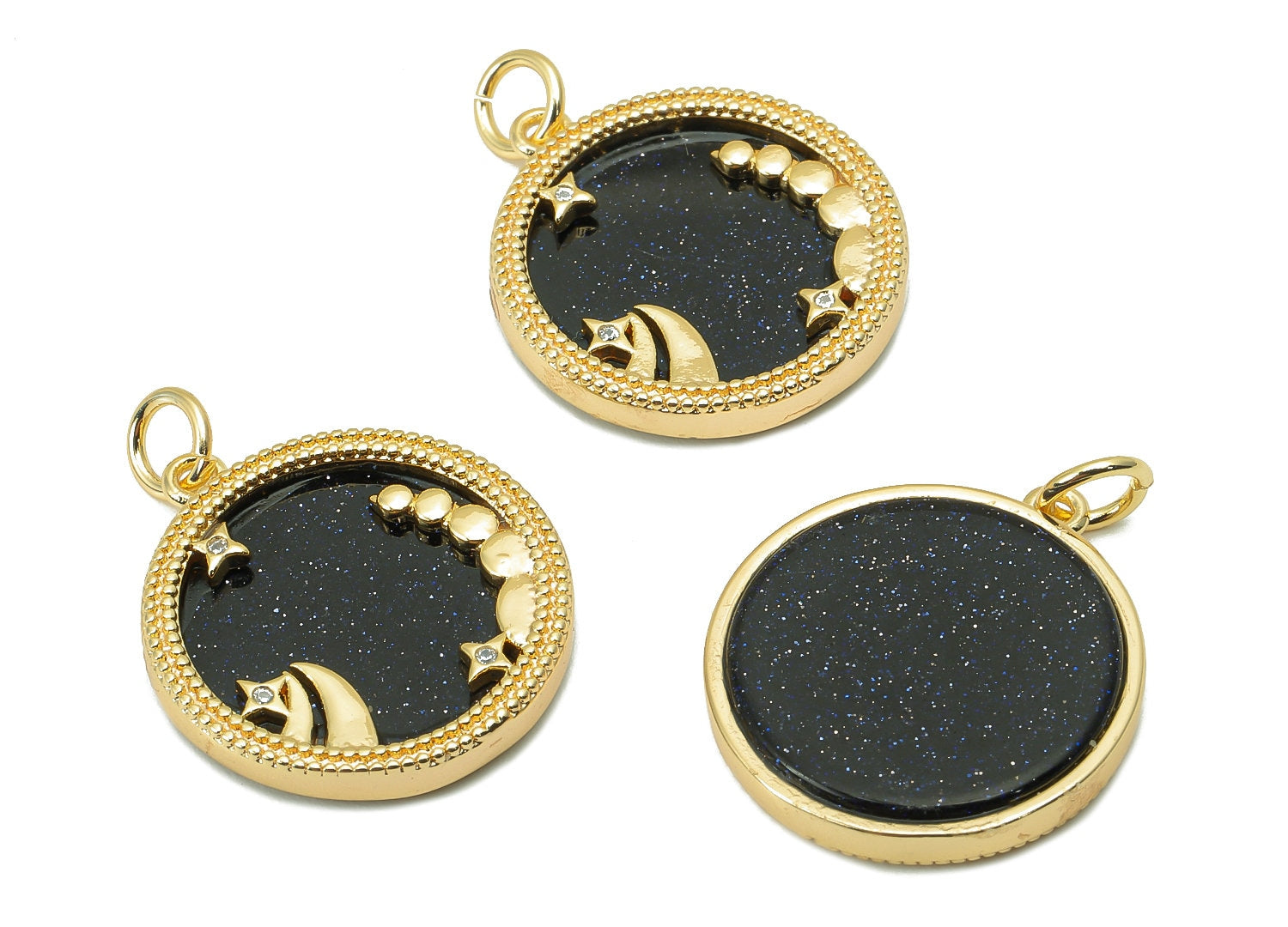 Brass Horoscope Zircon Round Scorpio Charm - Blue Sandstone Zodiac Pendant With Loop - 18K Real Gold Plating - 23.5x18.4x3.1mm - RGP5816G - DOMEDBAZAAR