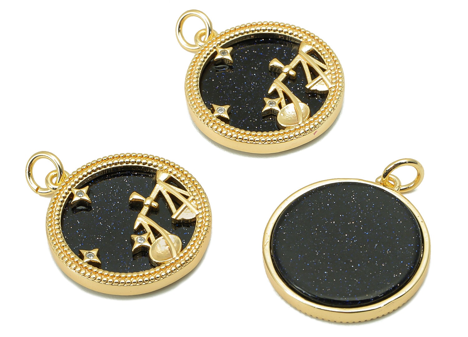 Brass Horoscope Zircon Round Libra Charm - Blue Sandstone Zodiac Pendant With Loop - 18K Real Gold Plating - 23.5x18.4x3.1mm - RGP5816H - DOMEDBAZAAR