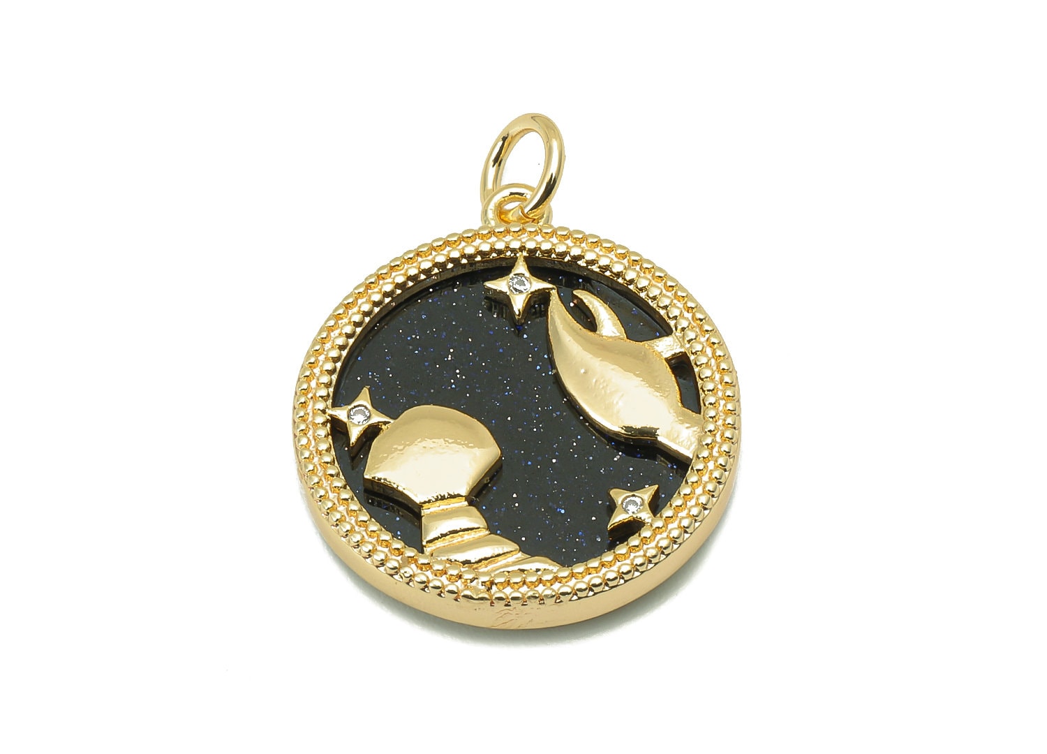 Brass Horoscope Zircon Round Cancer Charm - Blue Sandstone Zodiac Pendant With Loop - 18K Real Gold Plating - 23.5x18.4x3.1mm - RGP5816J - DOMEDBAZAAR