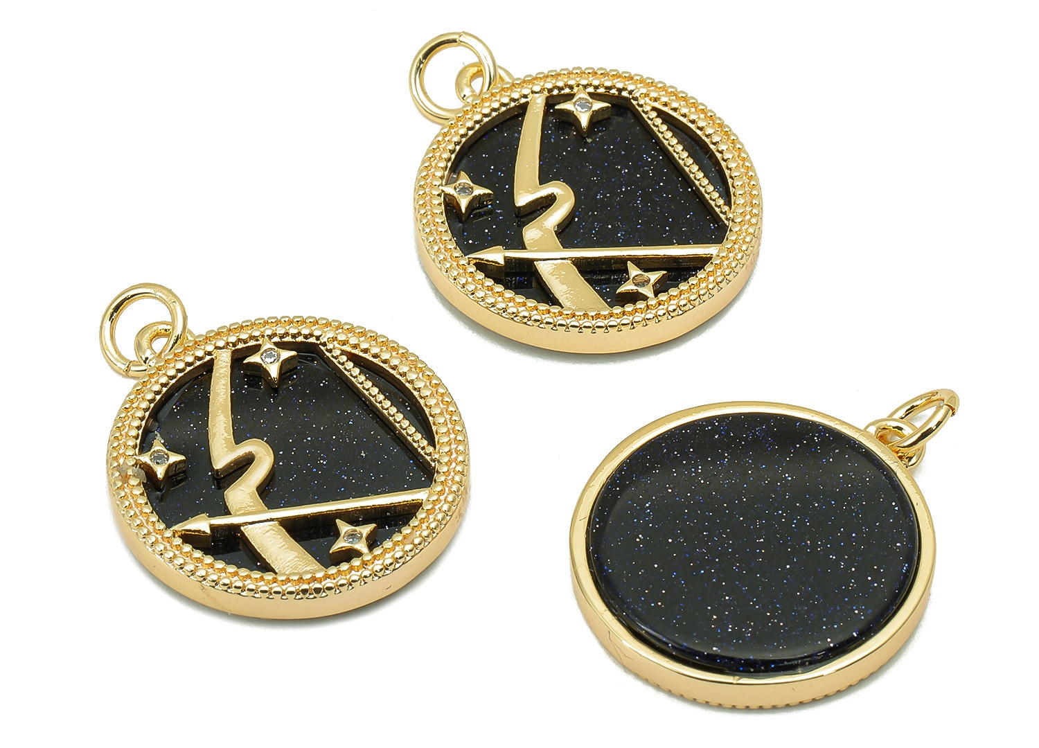 Brass Horoscope Zircon Round Sagittairus Charm - Blue Sandstone Zodiac Pendant With Loop - 18K Real Gold Plating - 23.5x18.4x3.1mm -RGP5816K - DOMEDBAZAAR