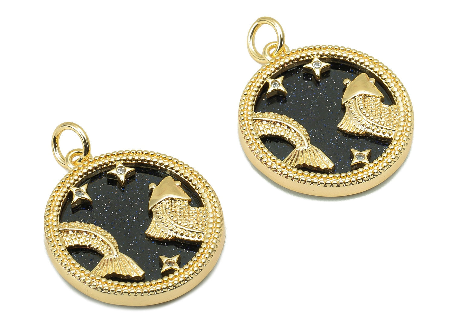 Brass Horoscope Zircon Round Pisces Charm - Blue Sandstone Zodiac Pendant With Loop - 18K Real Gold Plating - 23.5x18.4x3.1mm - RGP5816L - DOMEDBAZAAR