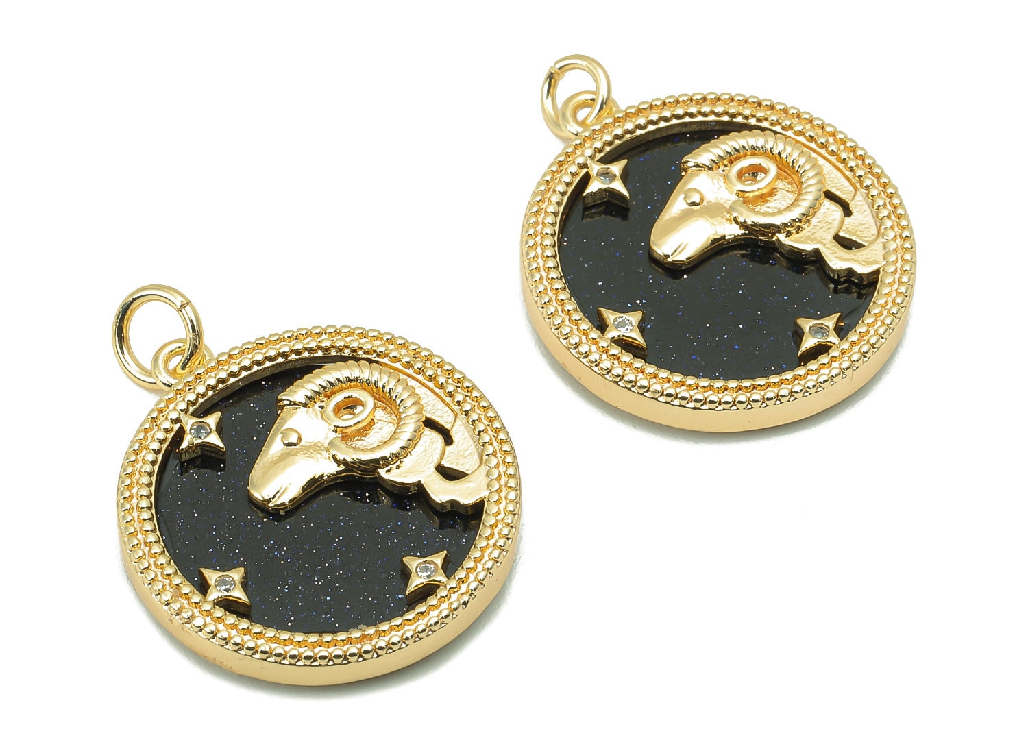 Brass Horoscope Zircon Round Aries Charm - Blue Sandstone Zodiac Pendant With Loop - 18K Real Gold Plating - 23.5x18.4x3.1mm - RGP5816M - DOMEDBAZAAR