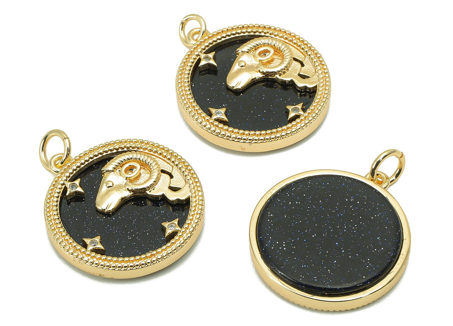 Brass Horoscope Zircon Round Aries Charm - Blue Sandstone Zodiac Pendant With Loop - 18K Real Gold Plating - 23.5x18.4x3.1mm - RGP5816M - DOMEDBAZAAR
