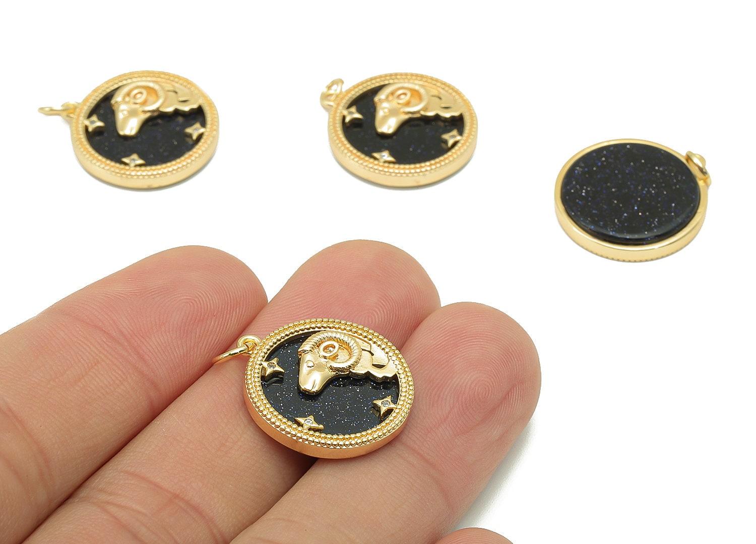 Brass Horoscope Zircon Round Aries Charm - Blue Sandstone Zodiac Pendant With Loop - 18K Real Gold Plating - 23.5x18.4x3.1mm - RGP5816M - DOMEDBAZAAR