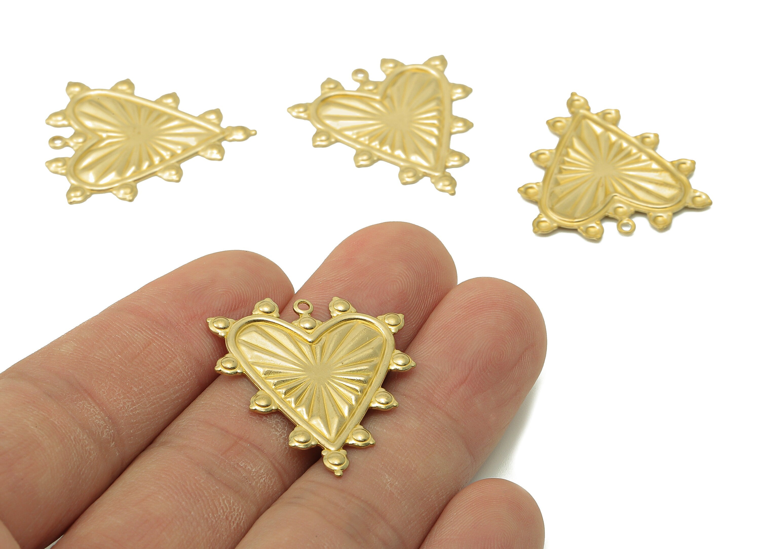 Brass Heart Earring Charms - Heart Raw Brass Round Dots Pendant With Loop - Texture Heart Charms - For Necklace - 30.65x26.27x1.1mm - PP8208 - DOMEDBAZAAR