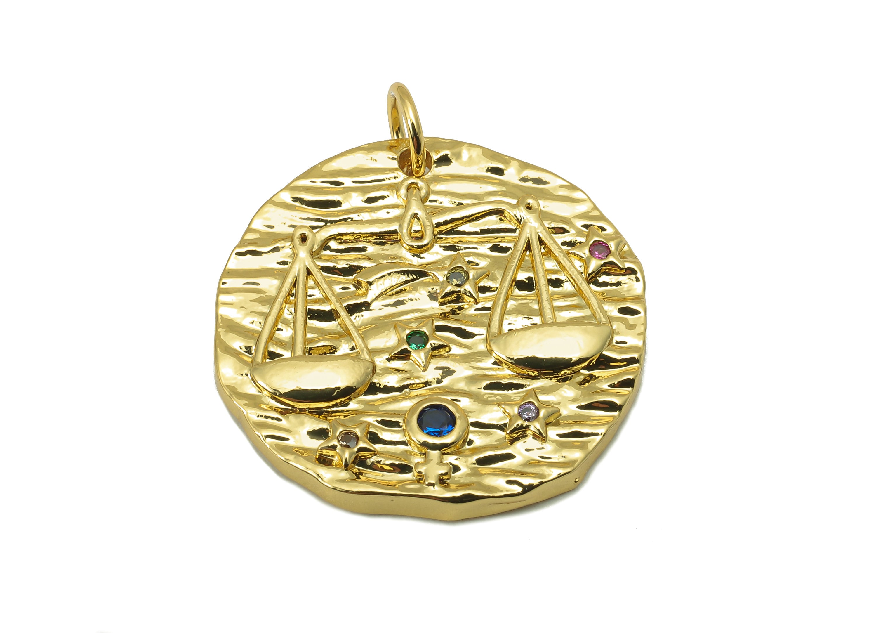 Brass Horoscope Round Charm - CZ Libra Earring Charm - Zodiac Necklace Pendant With Loop - 18K Real Gold Plating - 24.1x21x2mm - RGP5815A - DOMEDBAZAAR