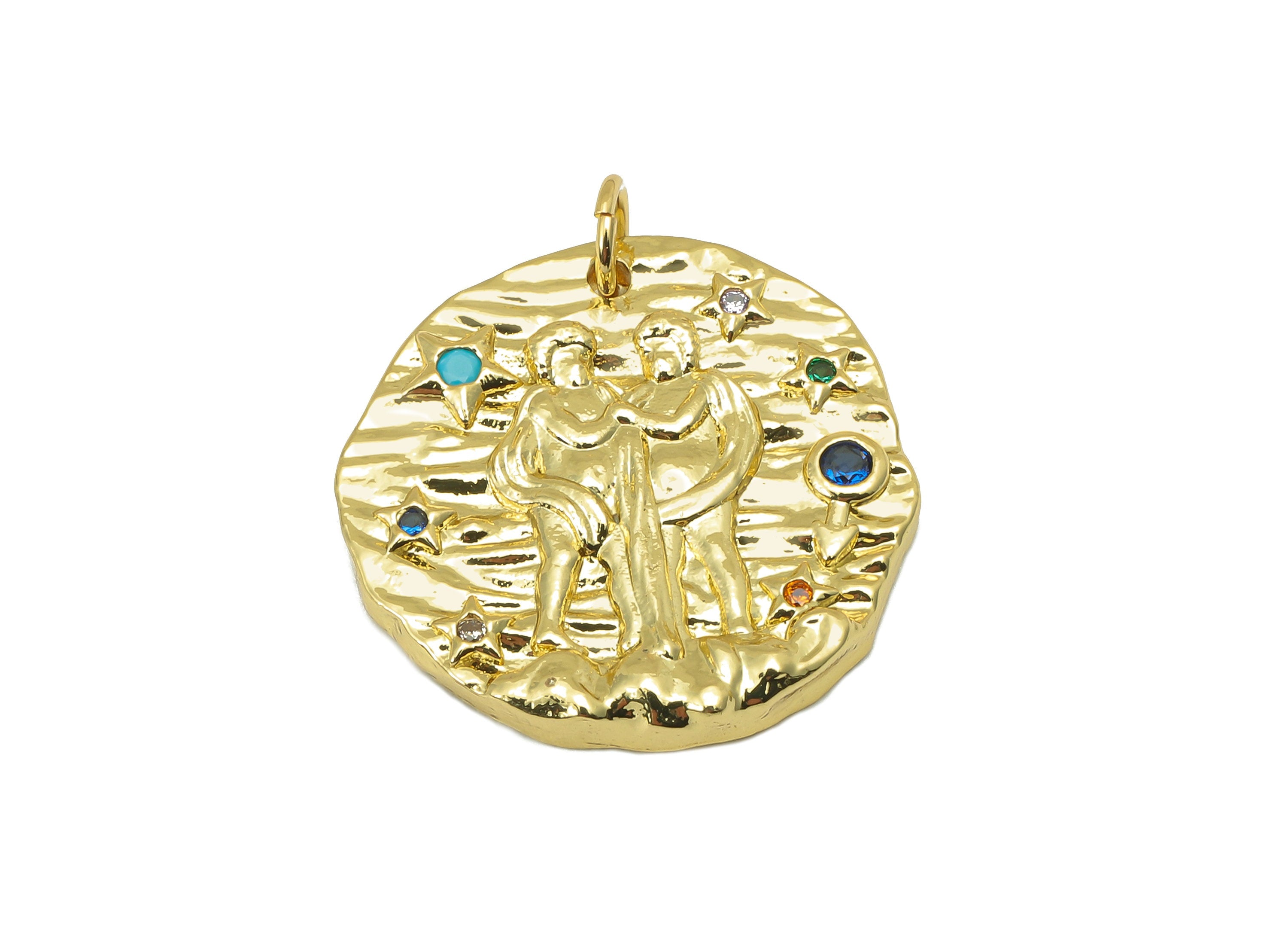 Brass Horoscope Round Charm - CZ Gemini Earring Charm - Zodiac Necklace Pendant With Loop - 18K Real Gold Plating - 24.1x21x2mm - RGP5815B - DOMEDBAZAAR