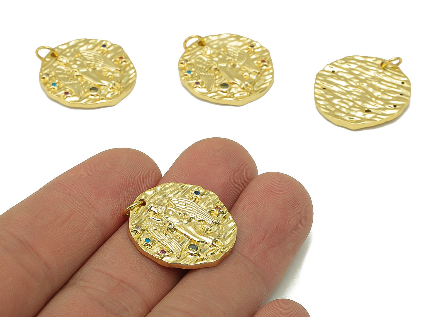 Brass Horoscope Round Charm - CZ Virgo Earring Charm - Zodiac Necklace Pendant With Loop - 18K Real Gold Plating - 24.1x21x2mm - RGP5815D - DOMEDBAZAAR