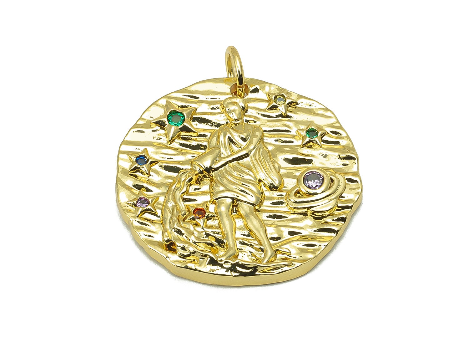 Brass Horoscope Round Charm - CZ Aquarius Earring Charm - Zodiac Necklace Pendant With Loop - 18K Real Gold Plating - 24.1x21x2mm - RGP5815E - DOMEDBAZAAR