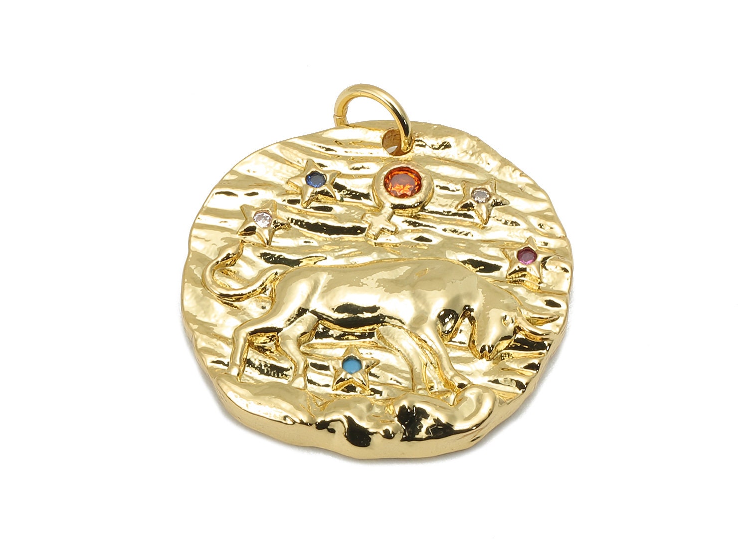 Brass Horoscope Round Charm - CZ Taurus Earring Charm - Zodiac Necklace Pendant With Loop - 18K Real Gold Plating - 24.1x21x2mm - RGP5815G - DOMEDBAZAAR
