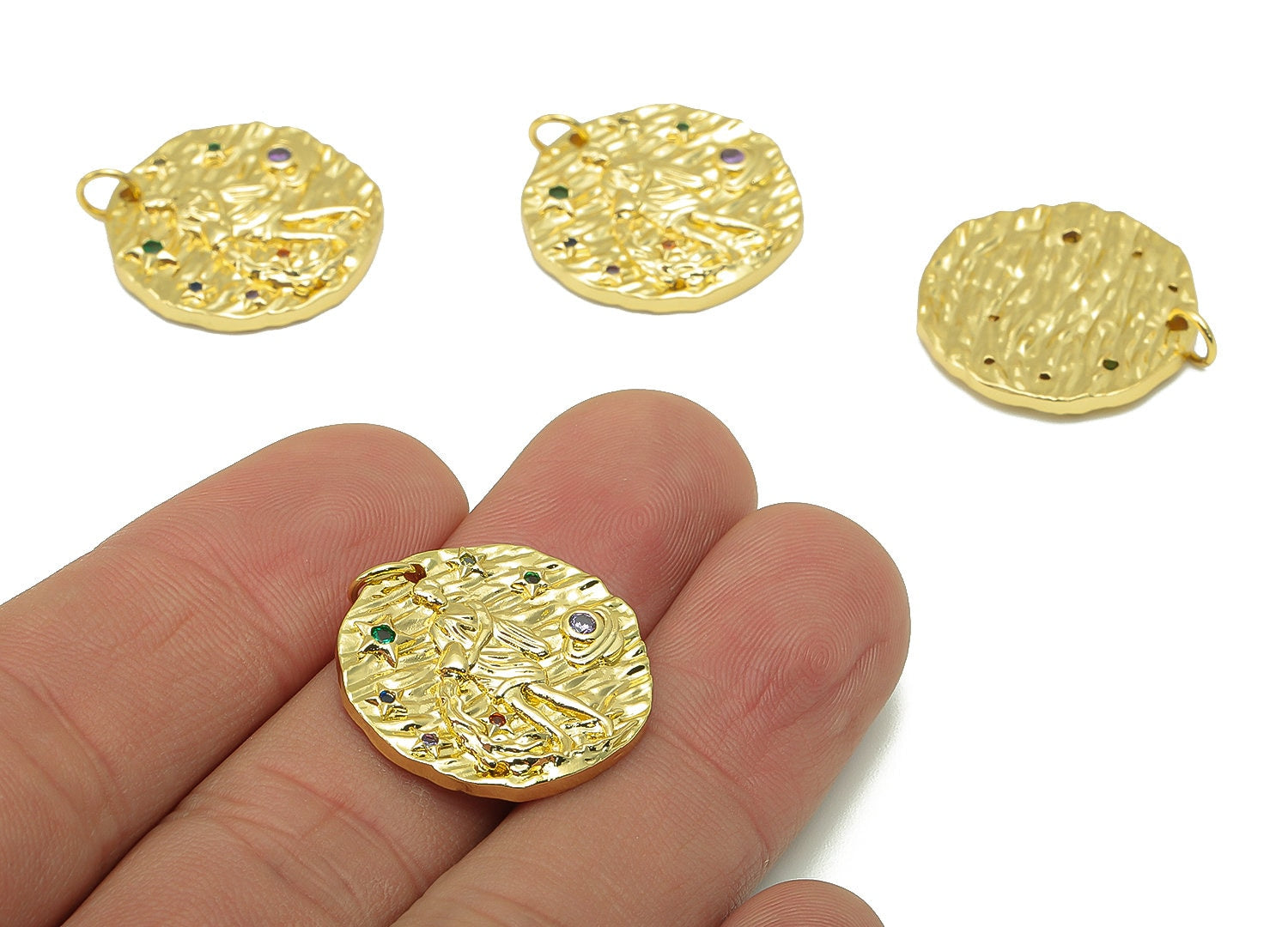 Brass Horoscope Round Charm - CZ Aquarius Earring Charm - Zodiac Necklace Pendant With Loop - 18K Real Gold Plating - 24.1x21x2mm - RGP5815E - DOMEDBAZAAR