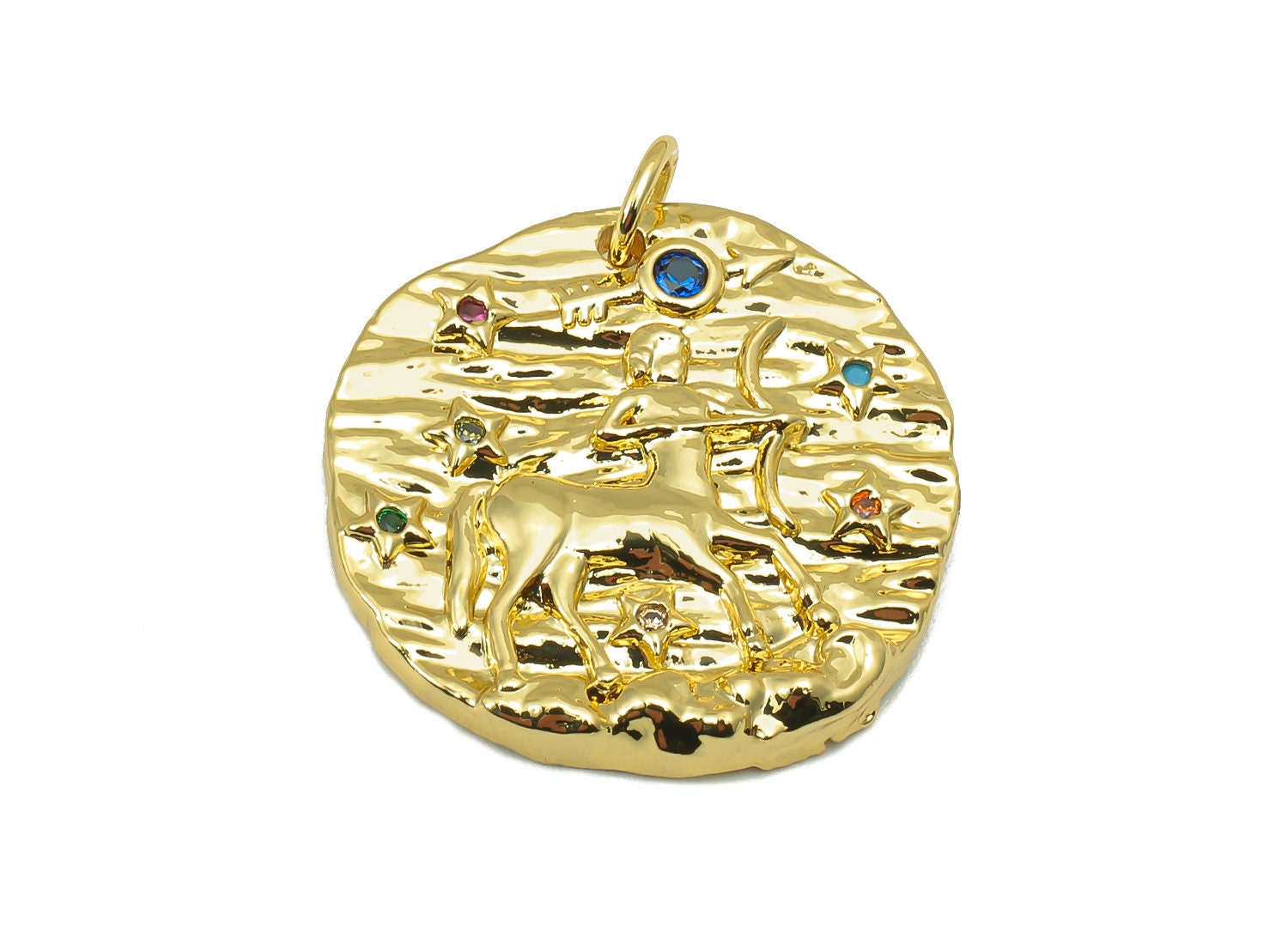 Brass Horoscope Round Charm - CZ Sagittarius Earring Charm - Zodiac Necklace Pendant With Loop - 18K Real Gold Plating -24.1x21x2mm-RGP5815H - DOMEDBAZAAR