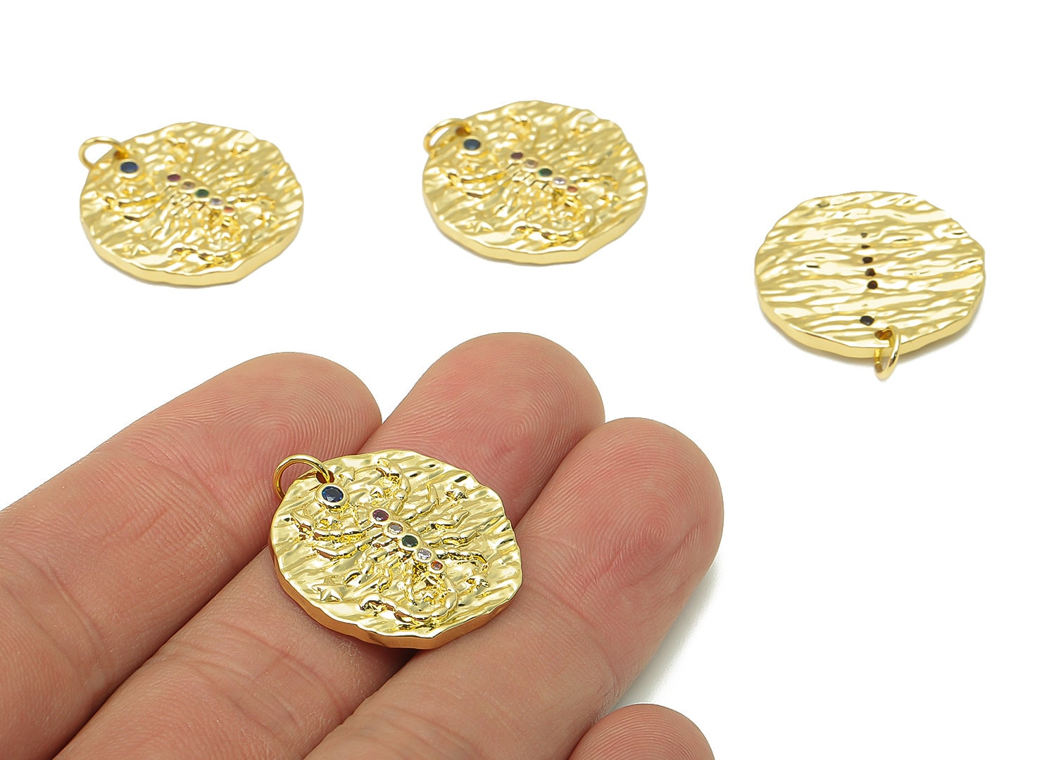 Brass Horoscope Round Charm - CZ Scorpio Earring Charm - Zodiac Necklace Pendant With Loop - 18K Real Gold Plating - 24.1x21x2mm - RGP5815F - DOMEDBAZAAR