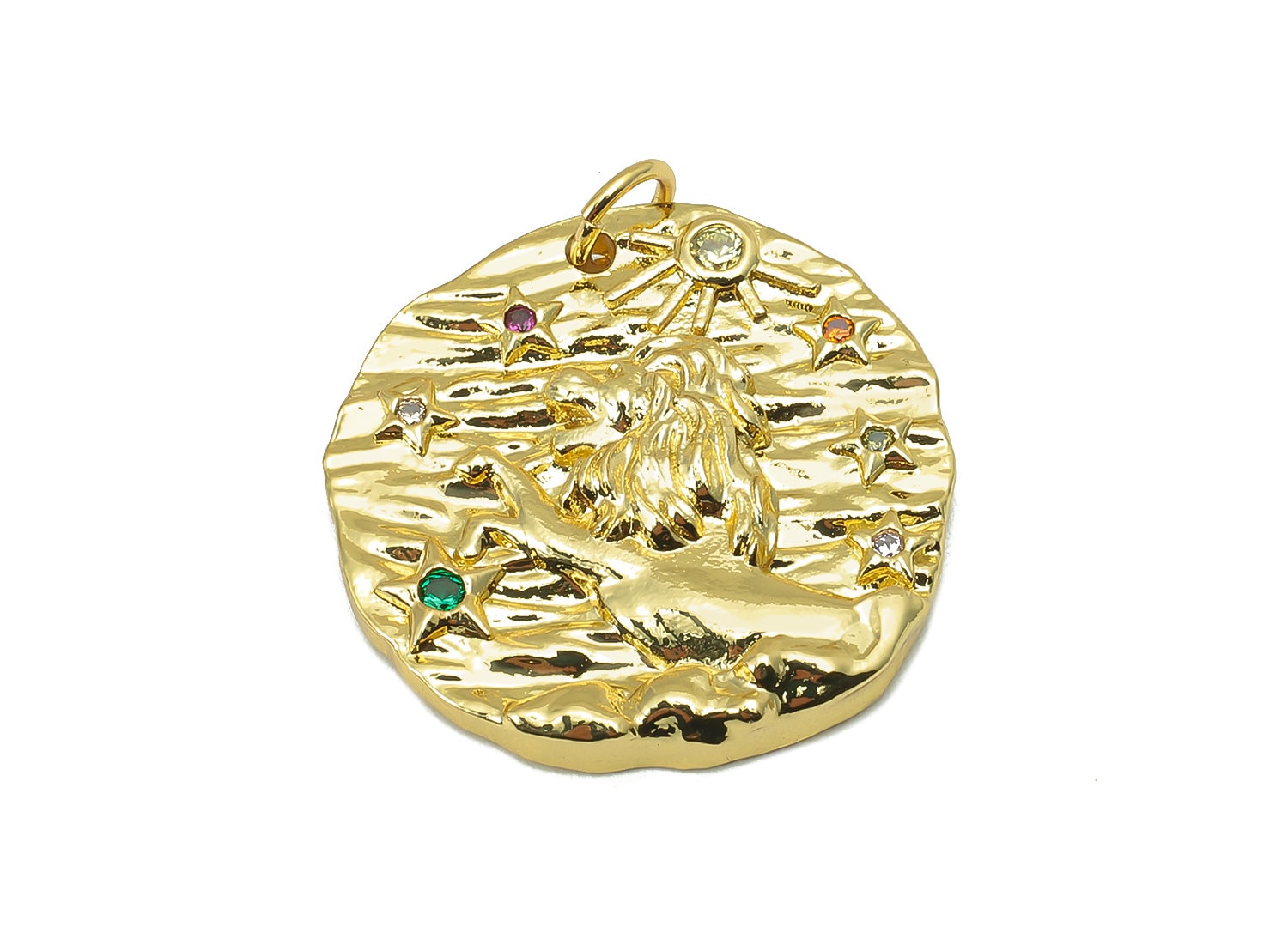 Brass Horoscope Round Charm - CZ Leo Earring Charm - Zodiac Necklace Pendant With Loop - 18K Real Gold Plating - 24.1x21x2mm - RGP5815J - DOMEDBAZAAR