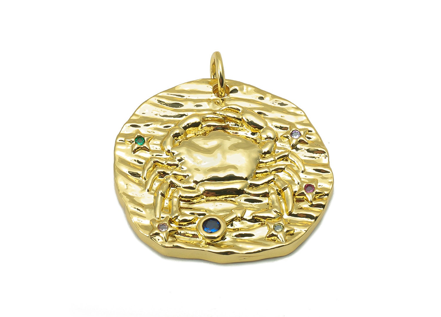 Brass Horoscope Round Charm - CZ Cancer Earring Charm - Zodiac Necklace Pendant With Loop - 18K Real Gold Plating - 24.1x21x2mm - RGP5815K - DOMEDBAZAAR
