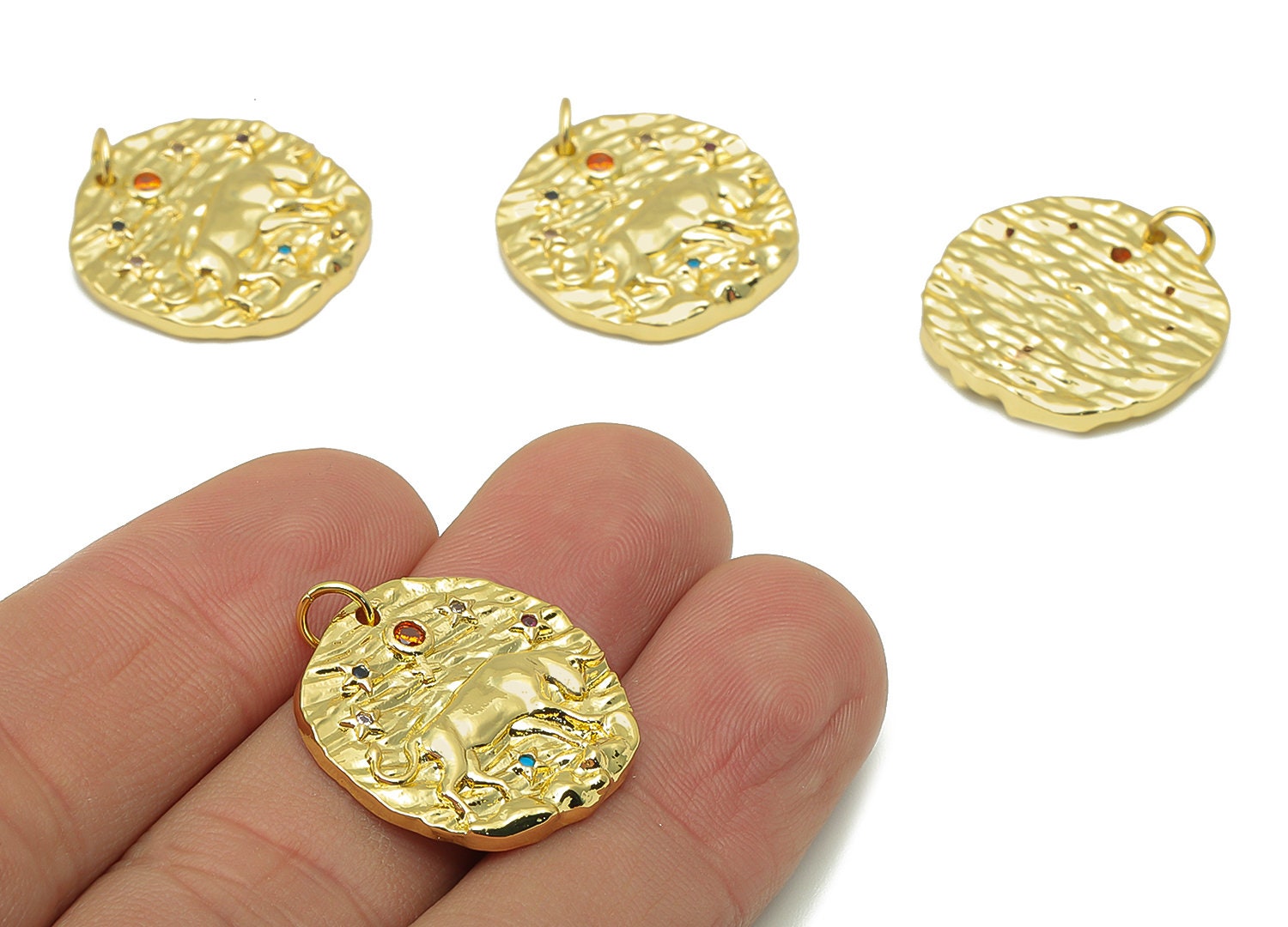 Brass Horoscope Round Charm - CZ Taurus Earring Charm - Zodiac Necklace Pendant With Loop - 18K Real Gold Plating - 24.1x21x2mm - RGP5815G - DOMEDBAZAAR