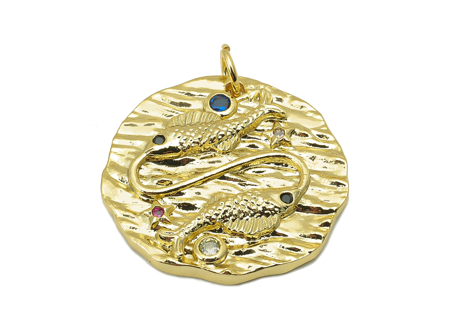Brass Horoscope Round Charm - CZ Pisces Earring Charm - Zodiac Necklace Pendant With Loop - 18K Real Gold Plating - 24.1x21x2mm - RGP5815L - DOMEDBAZAAR