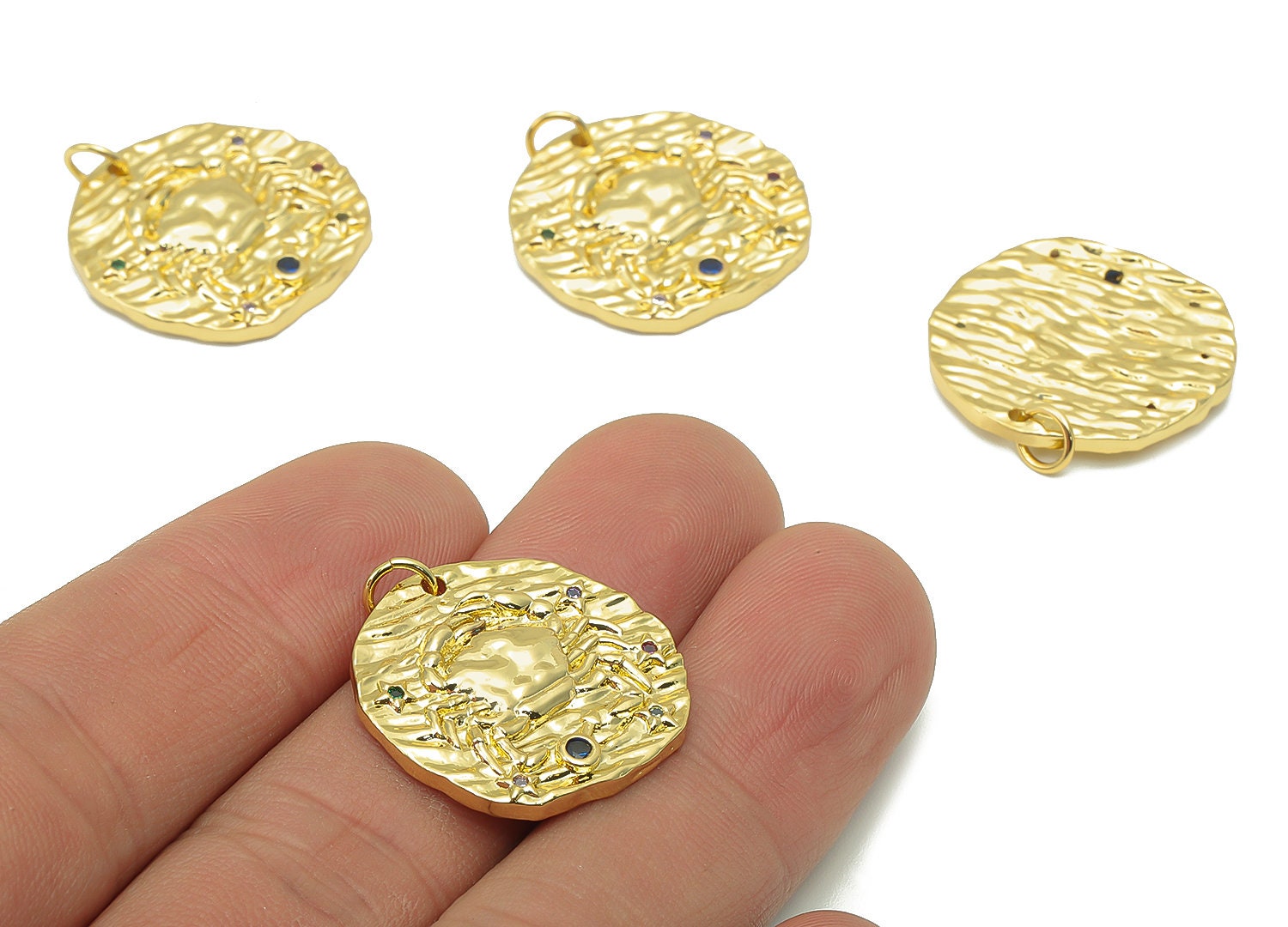 Brass Horoscope Round Charm - CZ Cancer Earring Charm - Zodiac Necklace Pendant With Loop - 18K Real Gold Plating - 24.1x21x2mm - RGP5815K - DOMEDBAZAAR