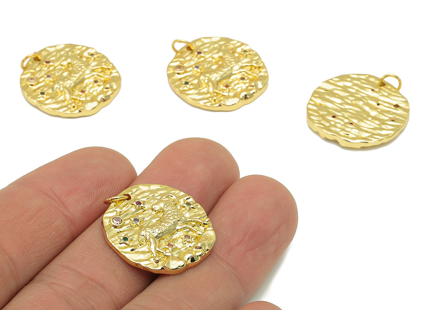 Brass Horoscope Round Charm - CZ Aries Earring Charm - Zodiac Necklace Pendant With Loop - 18K Real Gold Plating - 24.1x21x2mm - RGP5815M - DOMEDBAZAAR