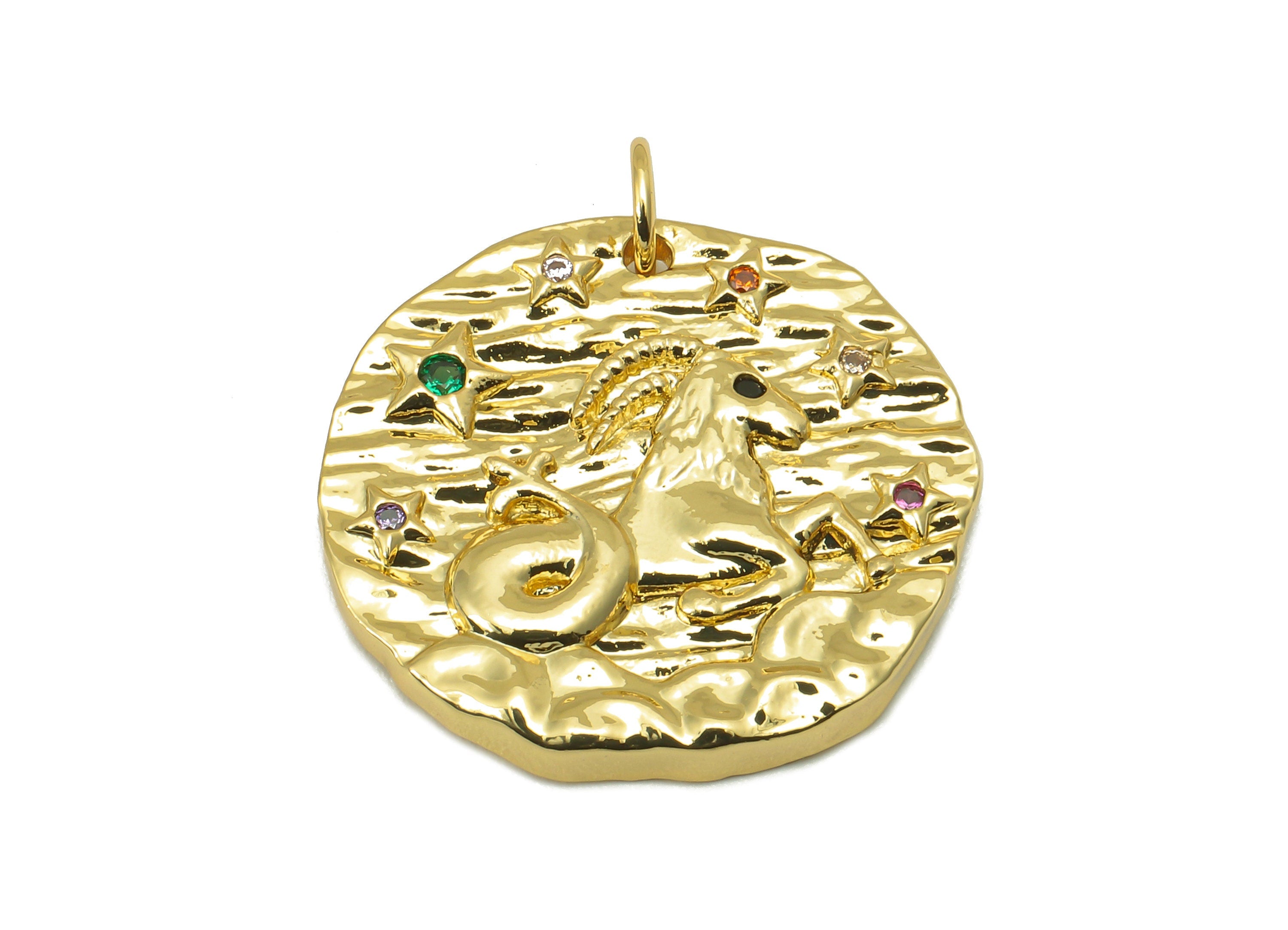 Brass Horoscope Round Charm - CZ Capricorn Earring Charm - Zodiac Necklace Pendant With Loop - 18K Real Gold Plating - 24.1x21x2mm -RGP5815C - DOMEDBAZAAR