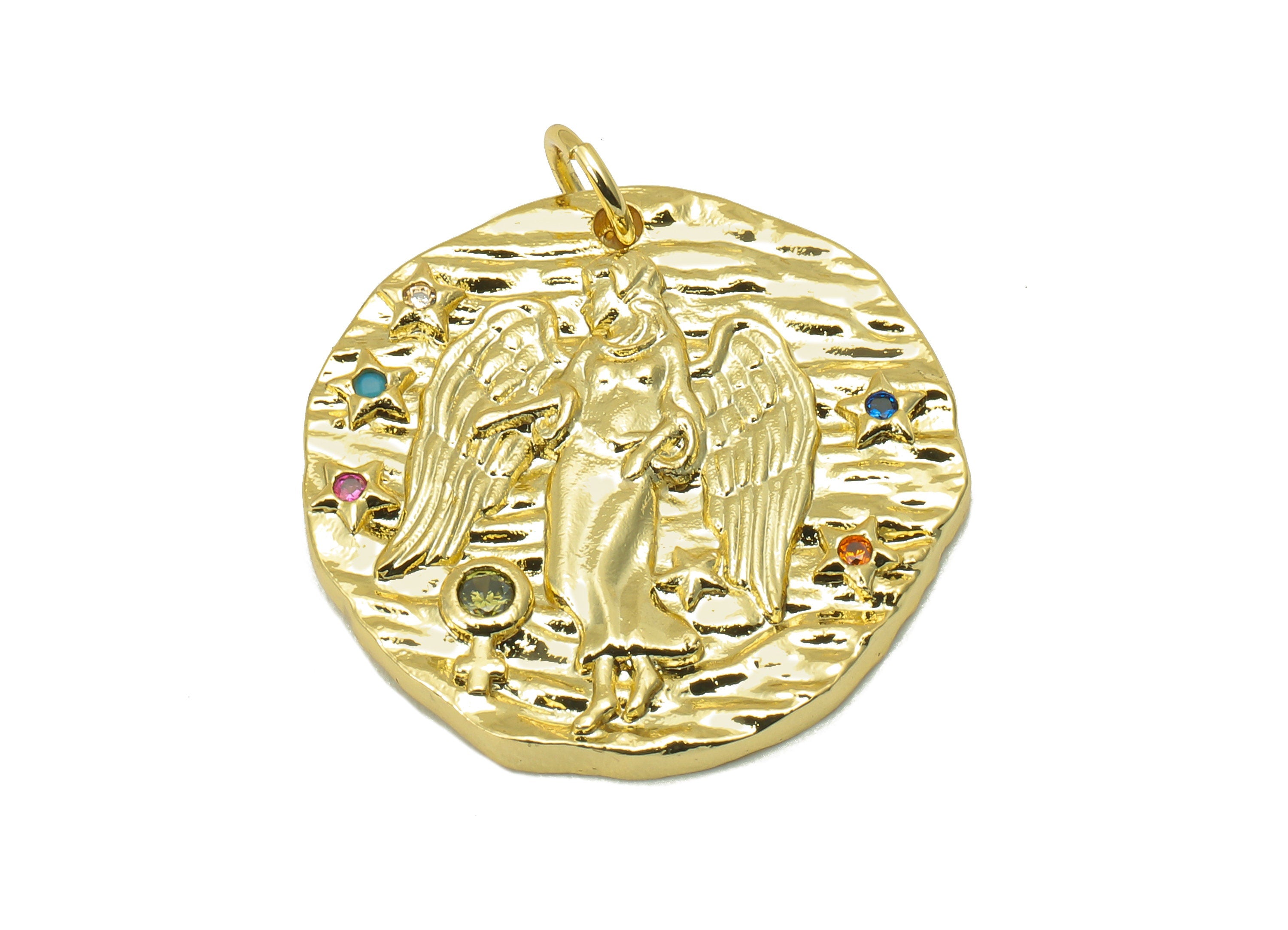 Brass Horoscope Round Charm - CZ Virgo Earring Charm - Zodiac Necklace Pendant With Loop - 18K Real Gold Plating - 24.1x21x2mm - RGP5815D - DOMEDBAZAAR
