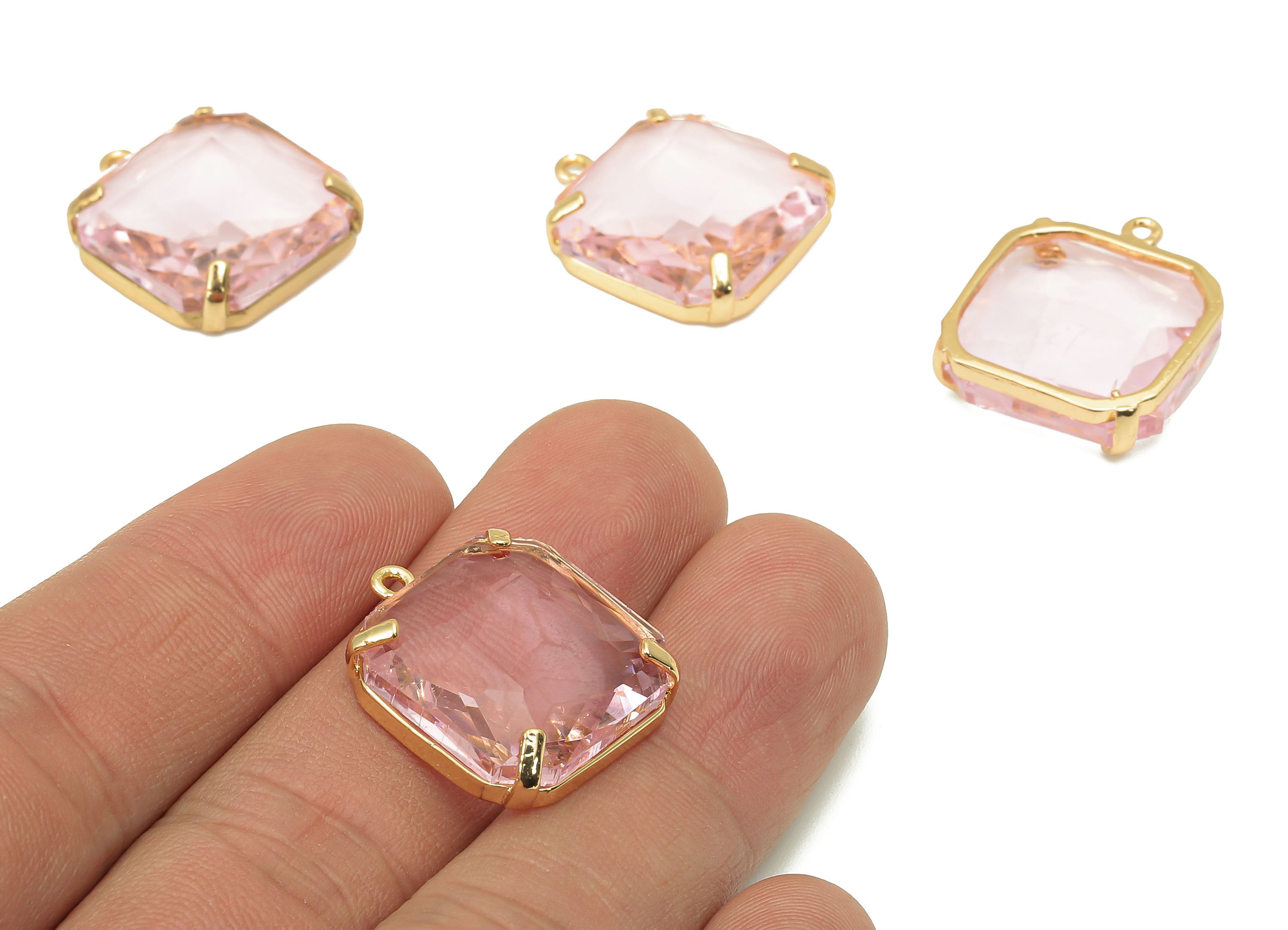 Brass Frame Pink Square Pendant - Square Earring Charm - Faceted Clear Pink Glass - Gold Tone Plating - 22.4x18.5x5.8mm - GS1152B - DOMEDBAZAAR