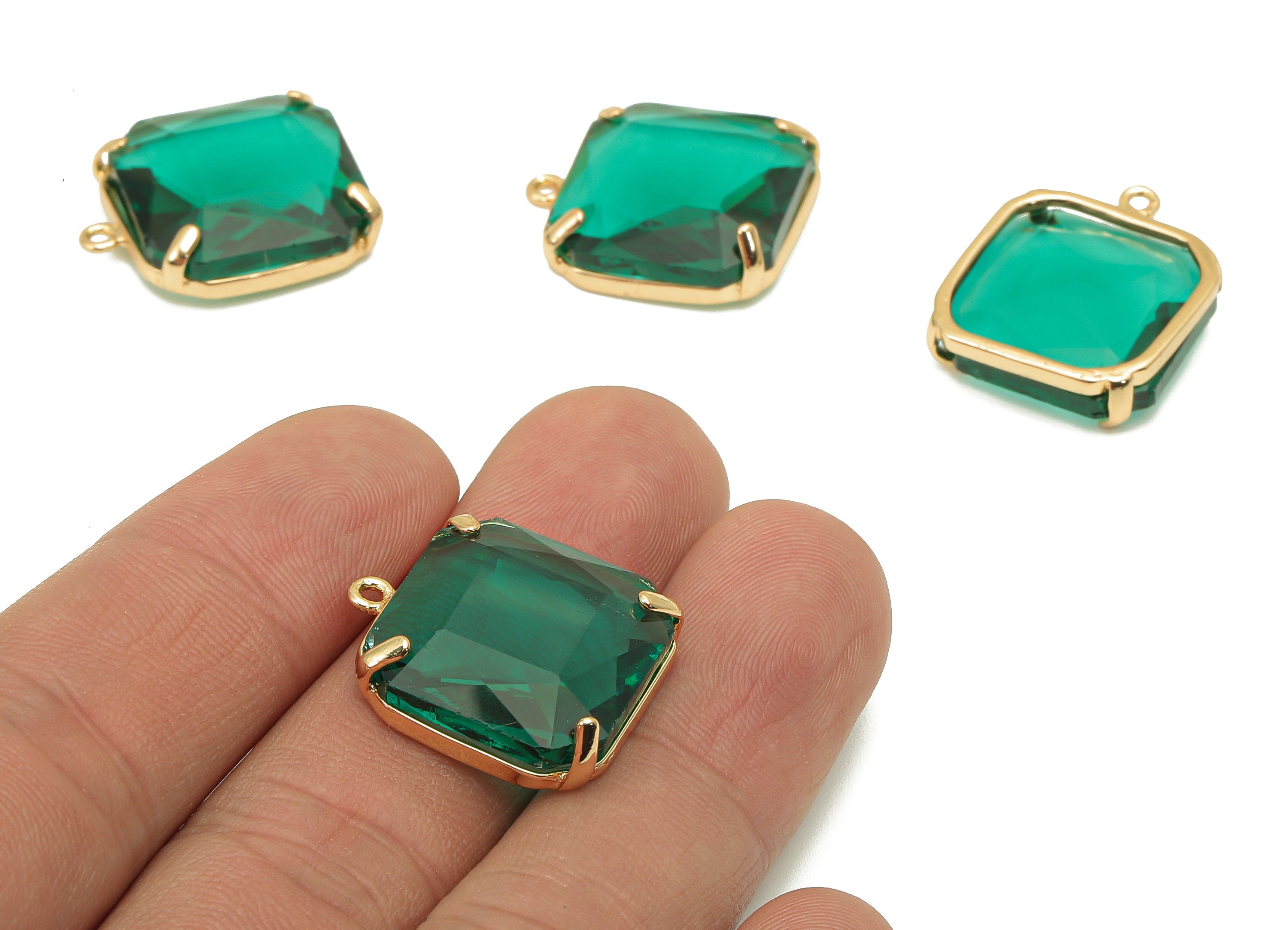 Brass Frame Green Square Pendant - Square Earring Charm - Faceted Clear Green Glass - Gold Tone Plating - 22.4x18.5x5.8mm - GS1152E - DOMEDBAZAAR