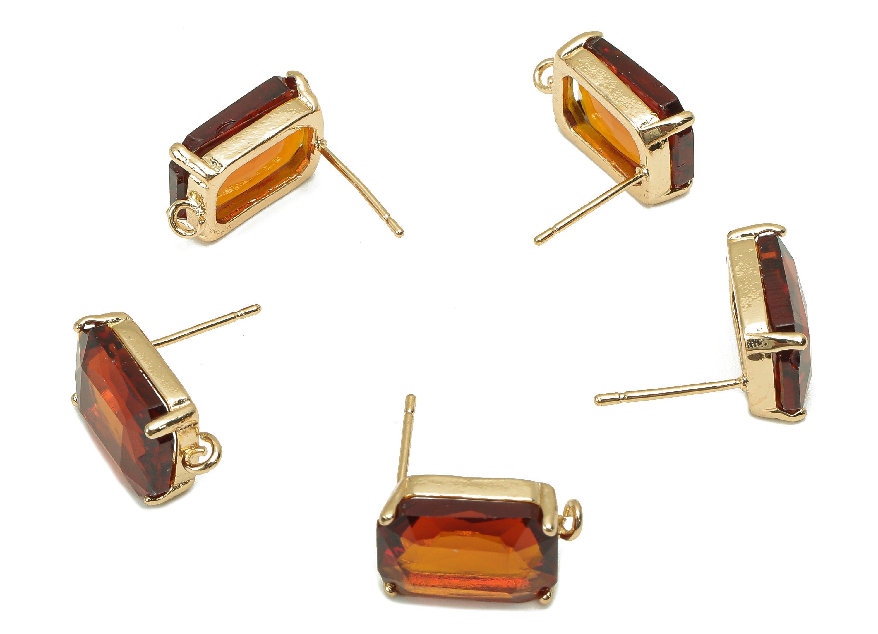 Brass Frame Rectangle Stud Earring - Faceted Clear Orange Glass With Loop - Stainless Steel - Gold Tone Plating - 16.5x10.3x5.2mm - GS1155C - DOMEDBAZAAR