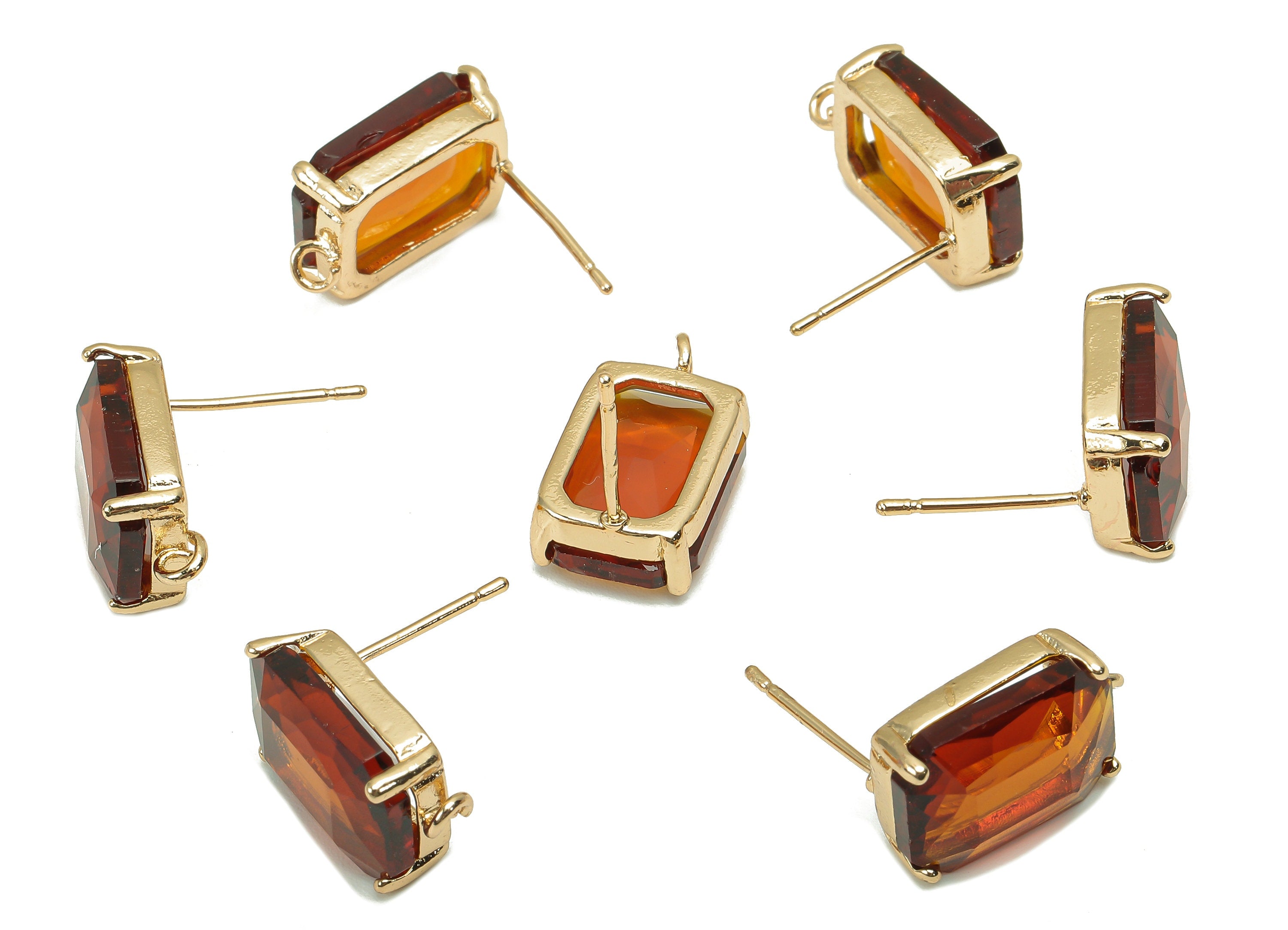 Brass Frame Rectangle Stud Earring - Faceted Clear Orange Glass With Loop - Stainless Steel - Gold Tone Plating - 16.5x10.3x5.2mm - GS1155C - DOMEDBAZAAR