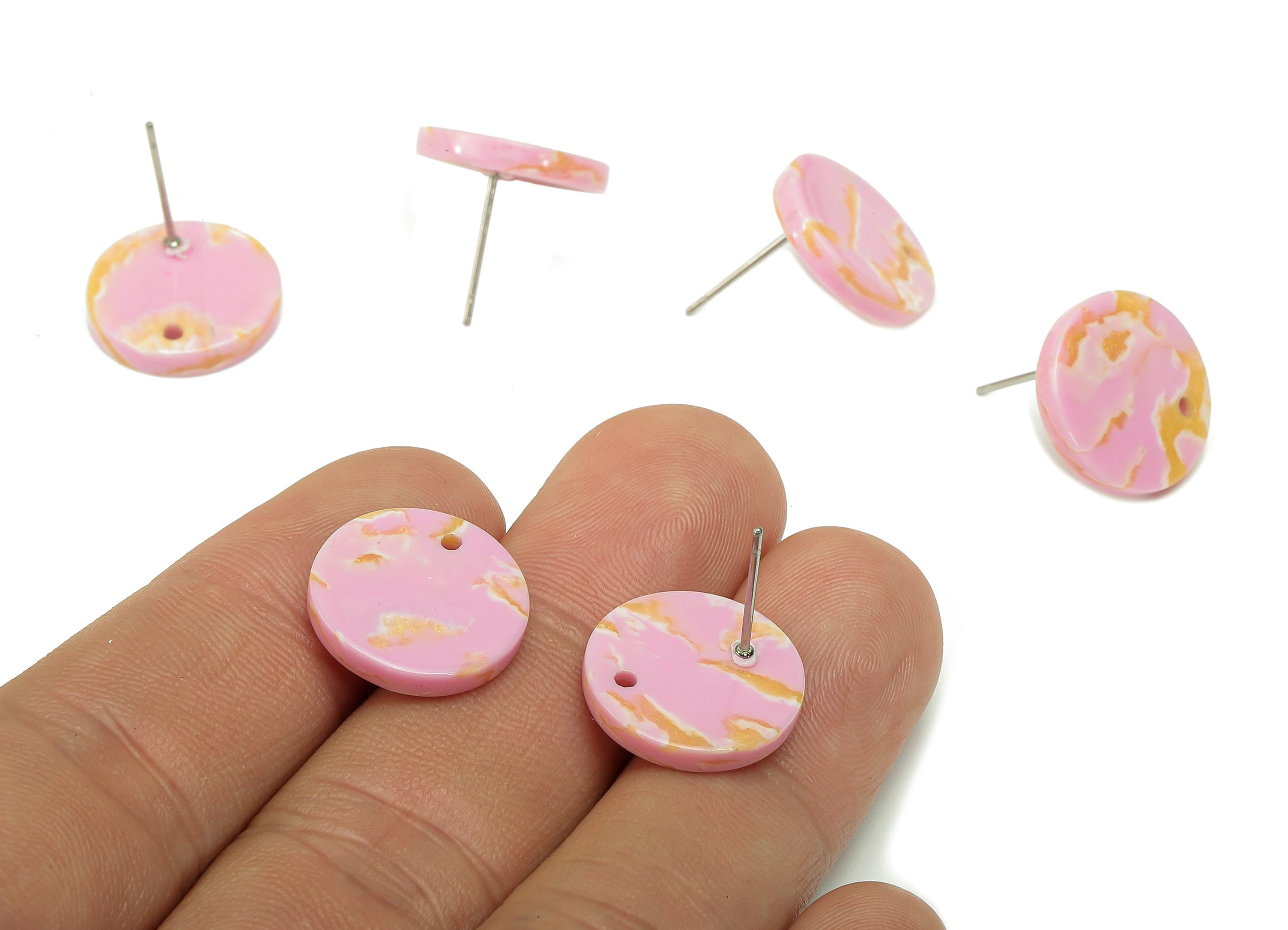 Acetate Pink Round Stud Earring - Circle Earrings Post With Hole - 316 Stainless Steel Stud - Color Code: A845 - 15.8x15.8x3mm - AC1385-A845 - DOMEDBAZAAR