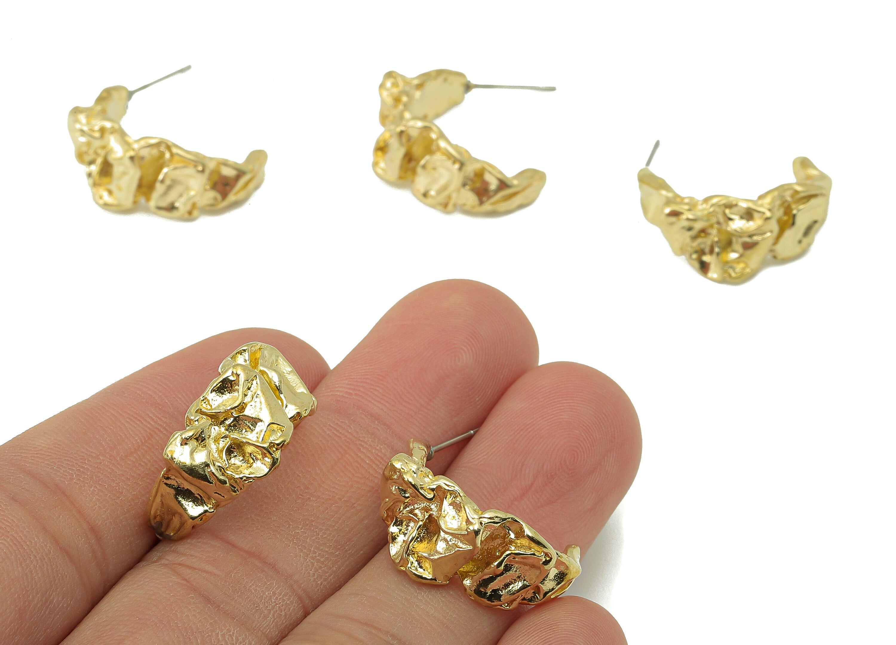 Brass Huggie C Earrings Stud - Raw Brass Wrinkle Earring Post - Wide Stud Earring - 316 Stainless Steel - 25.48x22.52x3.04mm - PP8217 - DOMEDBAZAAR