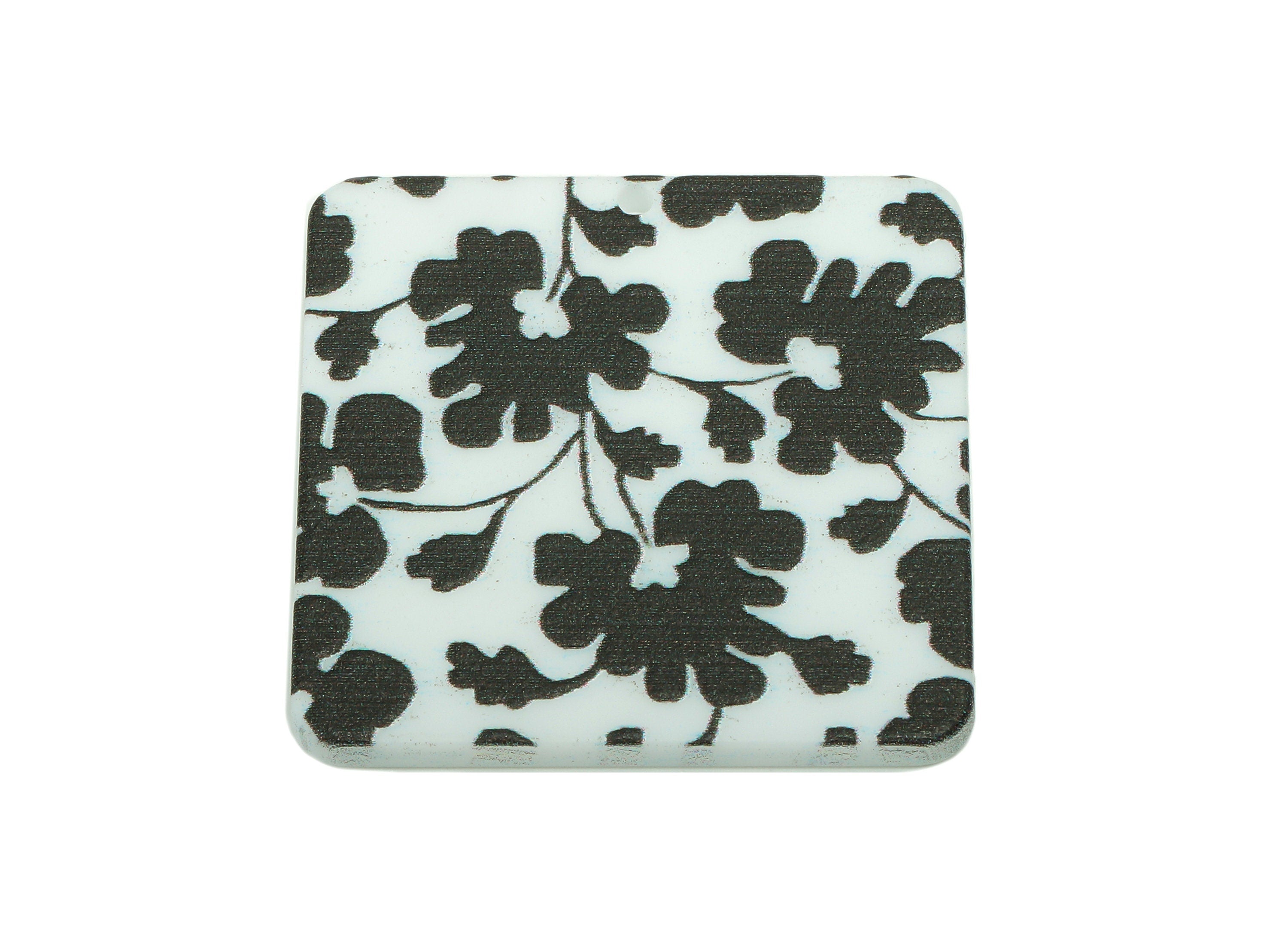 Acrylic Flower Square Earring Charm - Black Flower White Square Earring - Pendant With Hole - Charm For Necklace - 34.6x34.6x2.4mm - AC2576A - DOMEDBAZAAR