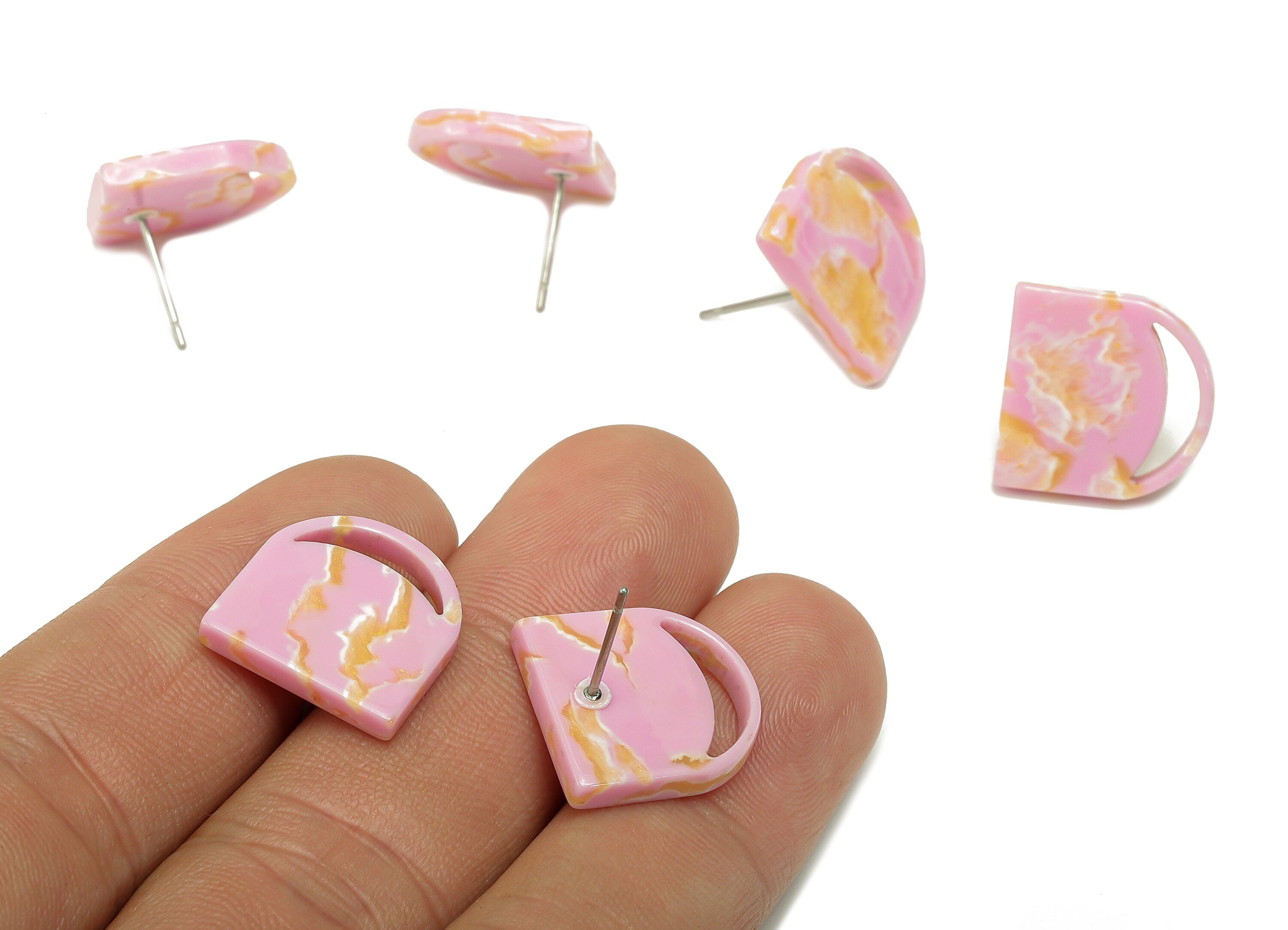 Acetate Pink Domed Moon Stud Earring - Crescent Earring Post - 316 Stainless Steel Stud - Color Code: A845 - 13.76x13.5x0.22mm - AC2556-A845 - DOMEDBAZAAR