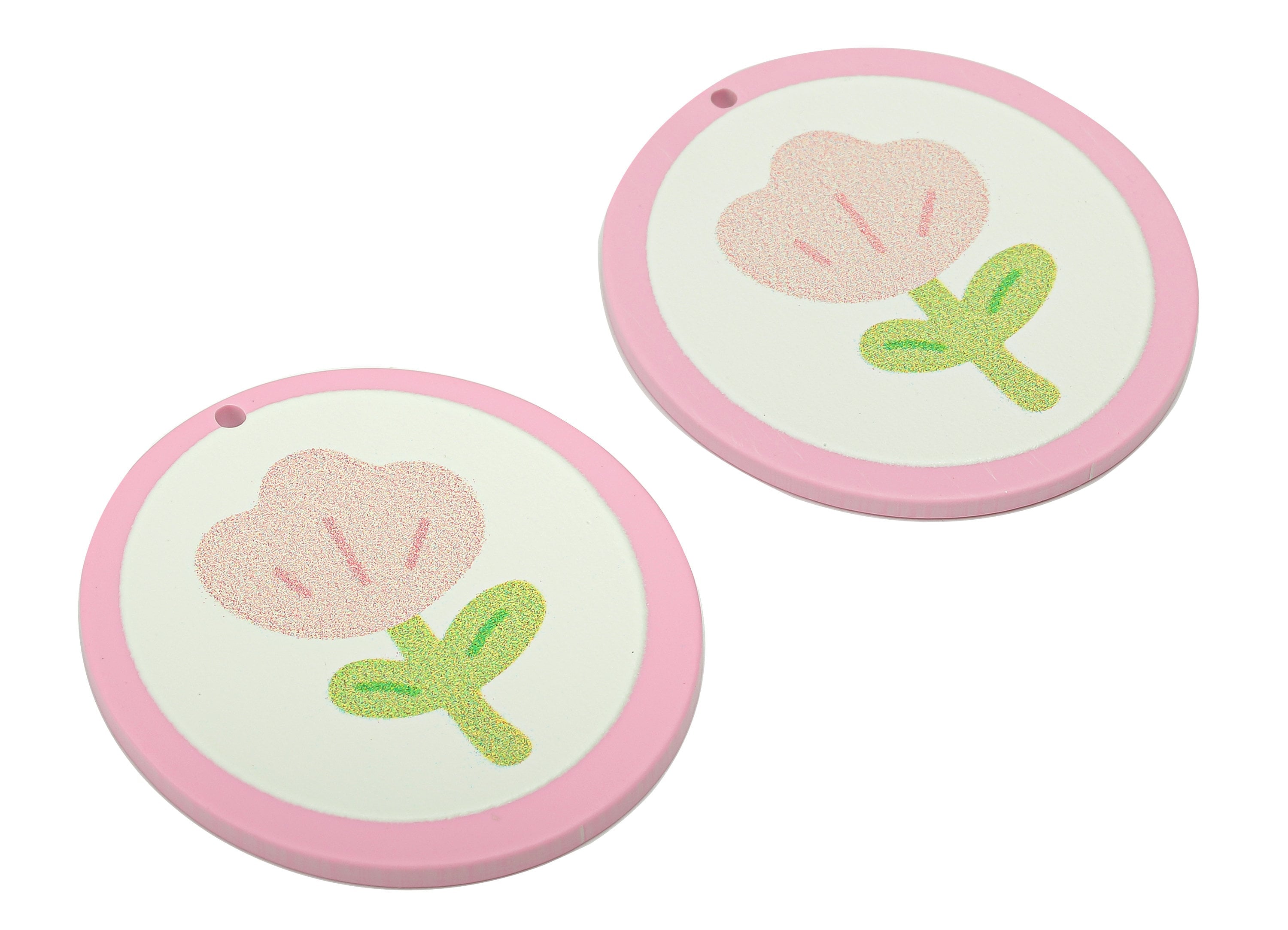 Acrylic Flower Round Earring Charm - Acrylic Pink Flower Circle Earring - Pendant With Hole - Charm For Necklace - 37.4x34.7x2.2mm - AC2580A - DOMEDBAZAAR