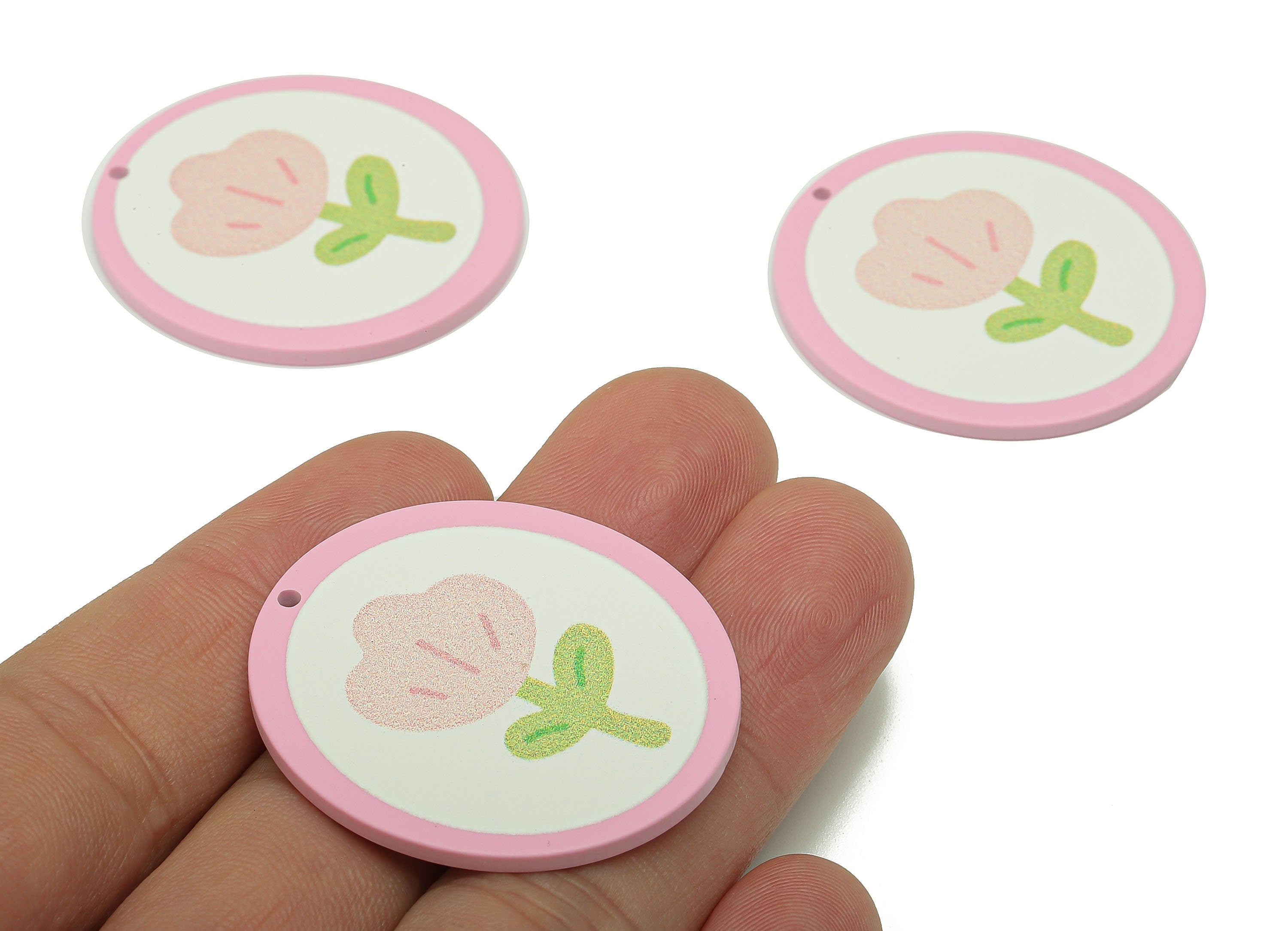 Acrylic Flower Round Earring Charm - Acrylic Pink Flower Circle Earring - Pendant With Hole - Charm For Necklace - 37.4x34.7x2.2mm - AC2580A - DOMEDBAZAAR
