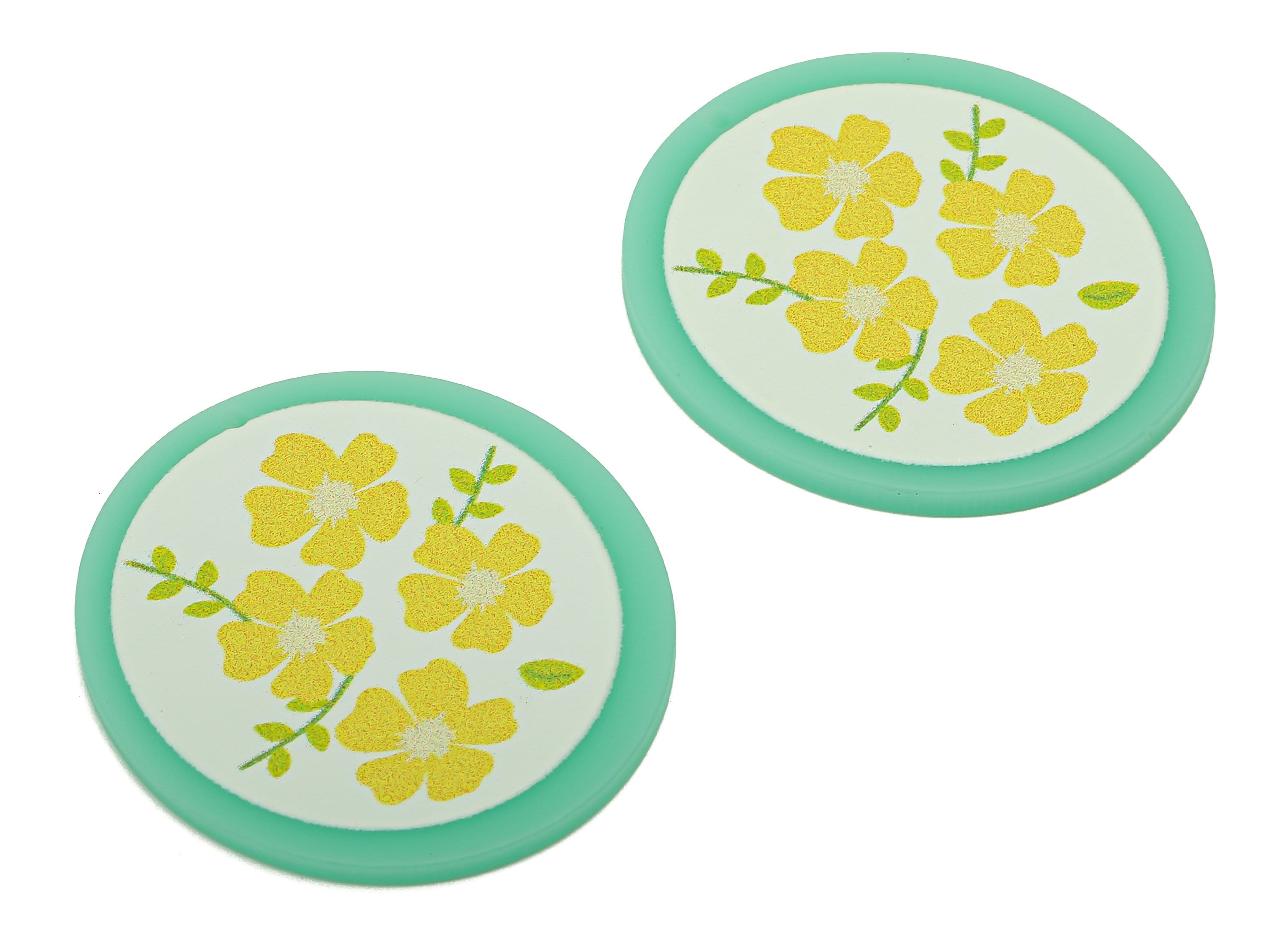 Acrylic Flower Round Earring Charm - Yellow Jasmine Aqua Circle Earring - Pendant With Hole - Charm For Necklace - 37.4x34.7x2.2mm - AC2580B - DOMEDBAZAAR